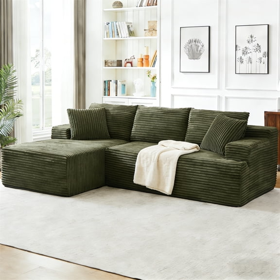 Aukfa 95" Cloud Sectional Sofa Boneless Couch Modular Sofa Bed for Living Room, 2Pillows, Left Chiase, Corduroy, Green