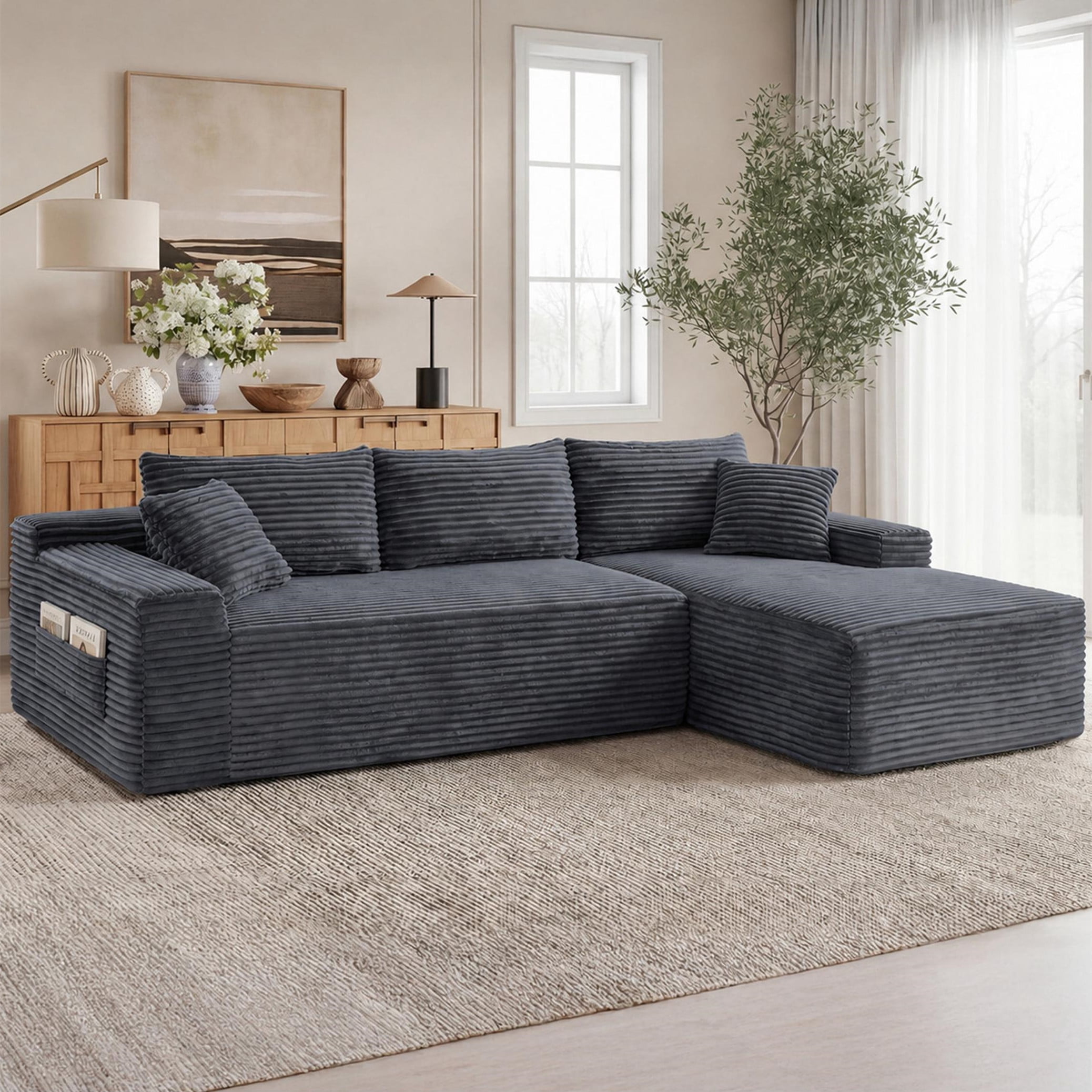 Aukfa 95" Cloud Sectional Sofa Deep Seat Boneless Couch Modular L-Shaped Couch, Right Chaise Corduroy Sofa for Living Room, Dark Gray