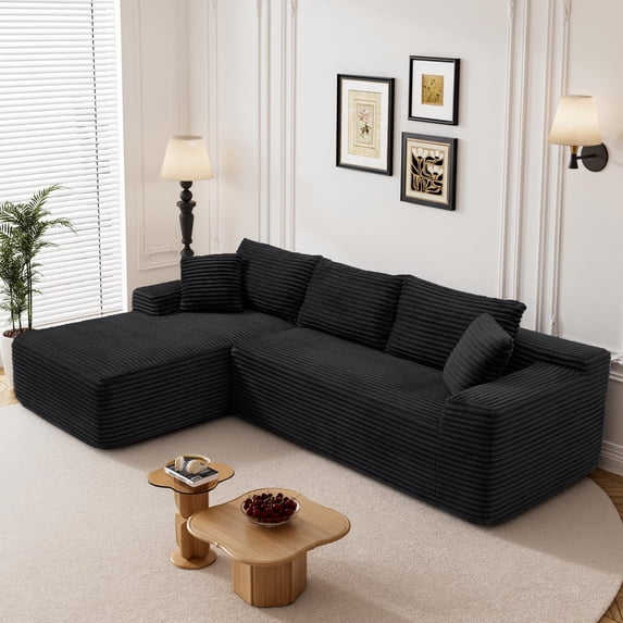 Aukfa 95" Modular Cloud Sectional Sofa, L-Shaped Couch with Left Facing Chaise, No Assembly Required Corduroy Deep Seat Sleeper Sofa for Living Room, Apartment, Black
