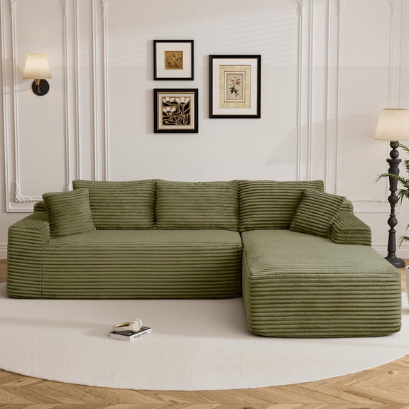 Aukfa 95" Modular Cloud Sectional Sofa, L-Shaped Couch with Right Facing Chaise, No Assembly Required Corduroy Deep Seat Sleeper Sofa for Living Room, Apartment, Green