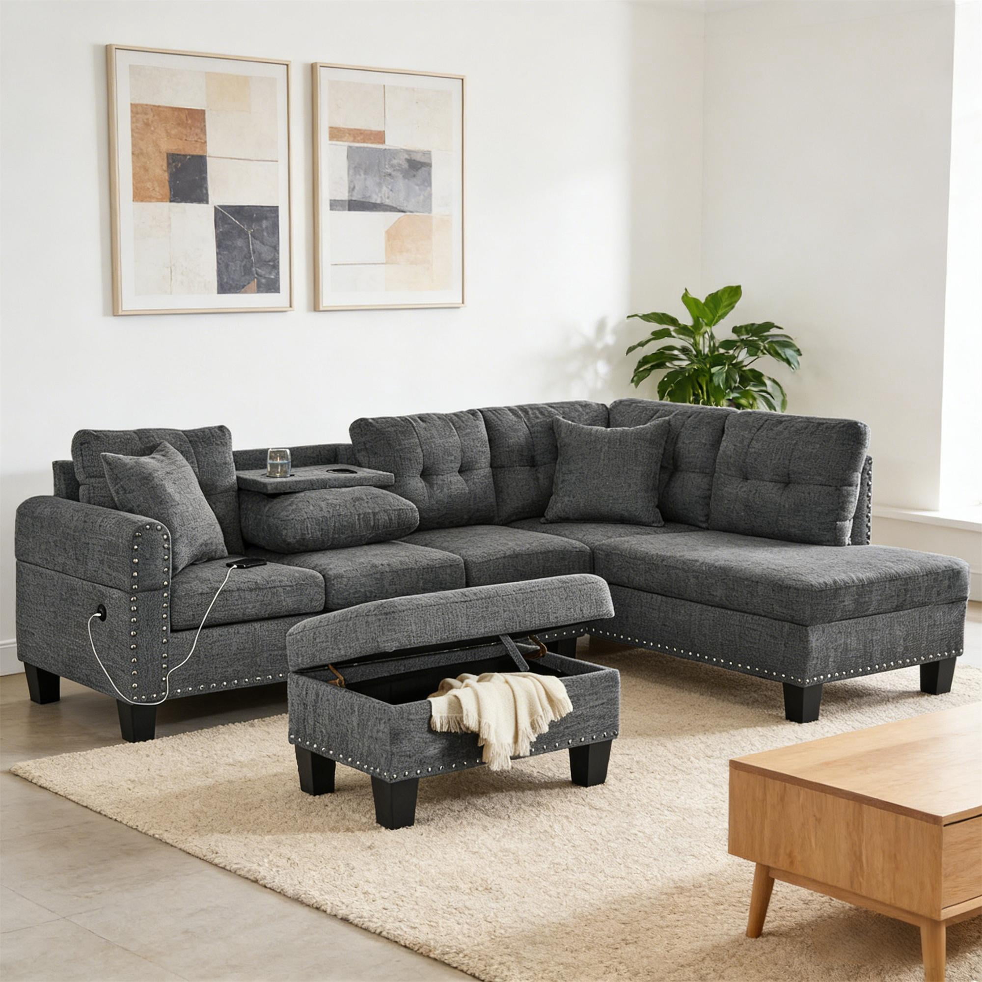 Aukfa 3 Piece Sectional Sofa Couch with Cupholder USB & Storage Ottoman for Living Room, Linen, Right Chaise, Gray