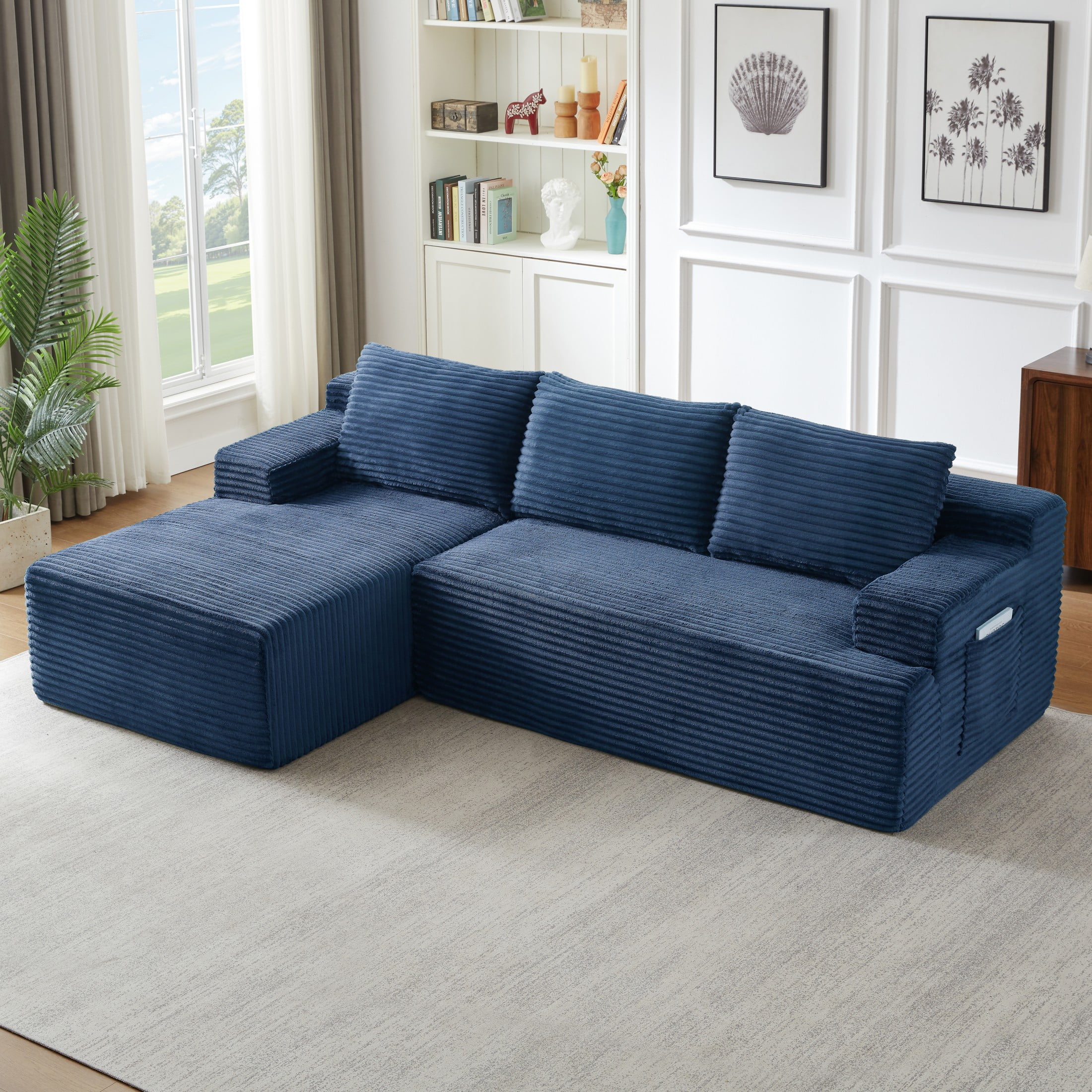 Aukfa 96" L-Shaped Cloud Sectional Sofa, Modular Boneless Couch with Deep Seat, Left-Facing Chaise, Corduroy Sleeper Sofa for Living Room, Blue