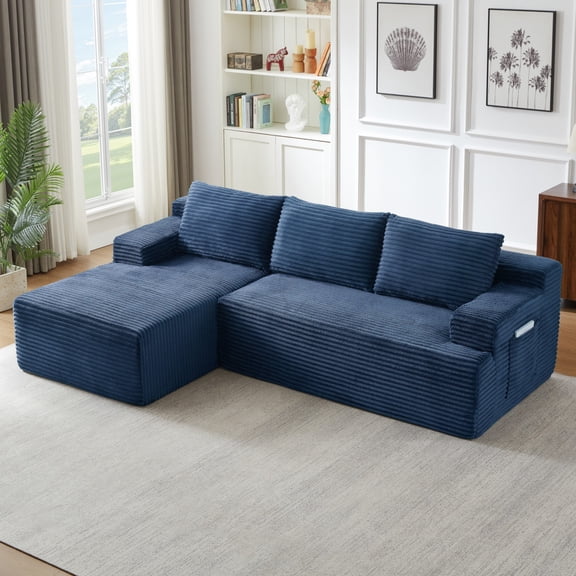 Aukfa 96" L-Shaped Cloud Sectional Sofa, Modular Boneless Couch with Deep Seat, Left-Facing Chaise, Corduroy Sleeper Sofa for Living Room, Blue