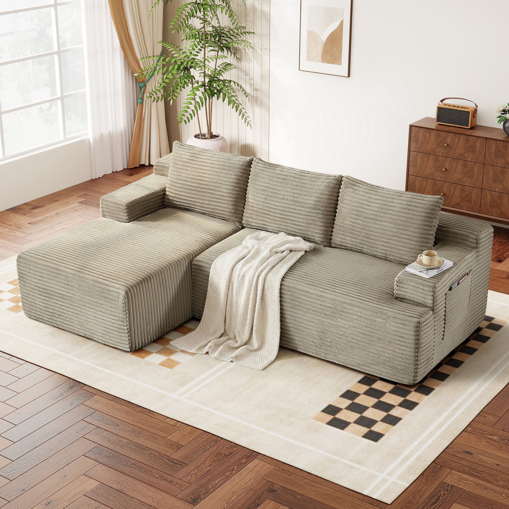 Aukfa 96" L-Shaped Cloud Sectional Sofa, Modular Boneless Couch with Deep Seat, Left-Facing Chaise, Corduroy Sleeper Sofa for Living Room, Camel
