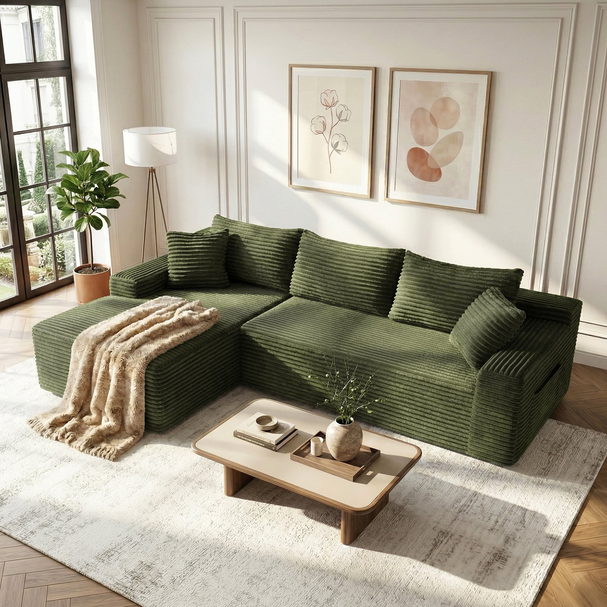 Aukfa 96" L-Shaped Cloud Sectional Sofa, Modular Boneless Couch with Deep Seat&Left-Facing Chaise for Living Room, Corduroy, Green