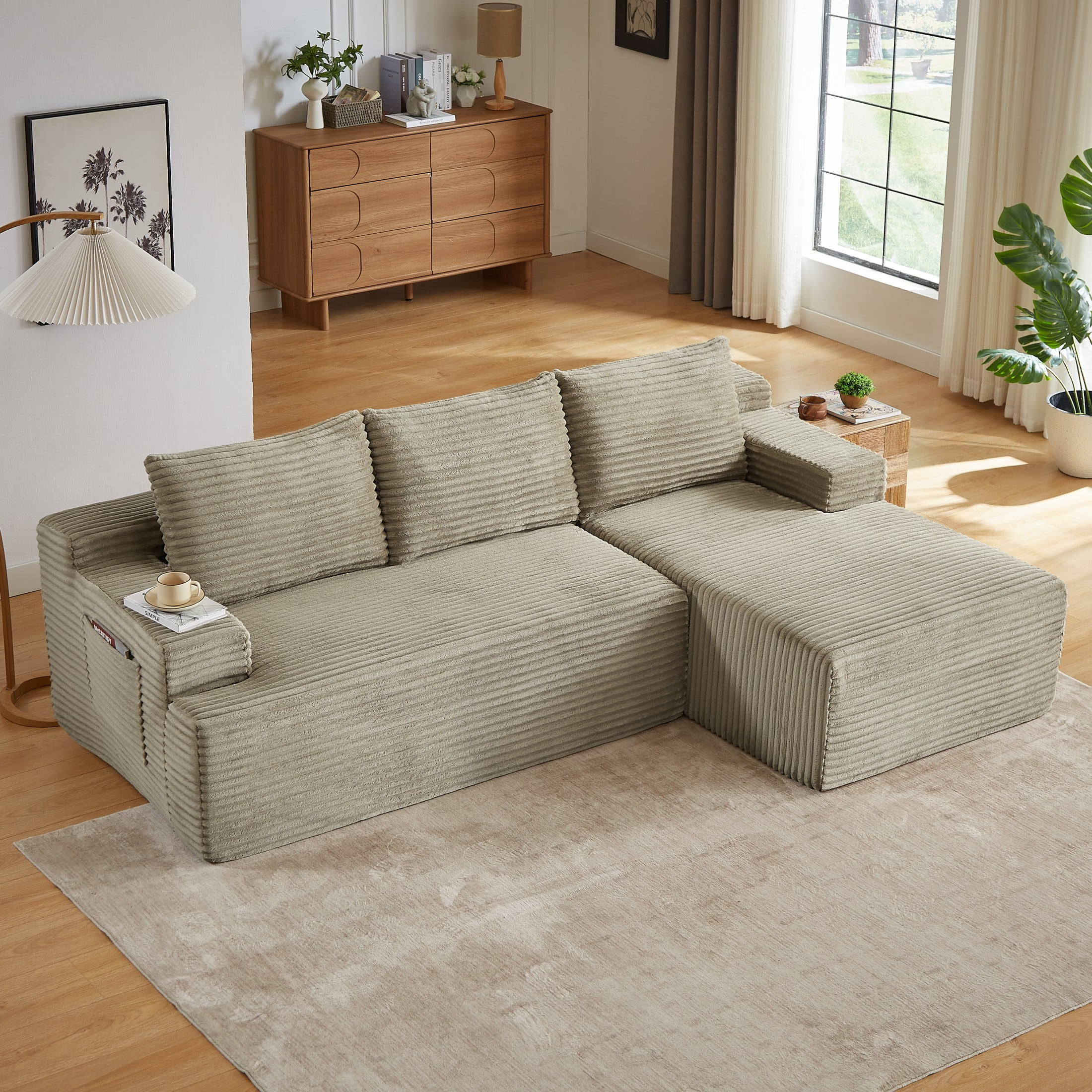 Aukfa 96" L-Shaped Cloud Sectional Sofa, Modular Boneless Couch with Deep Seat, Right-Facing Chaise, Corduroy Sleeper Sofa for Living Room, Camel
