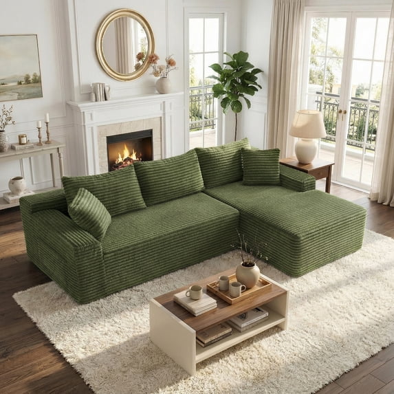Aukfa 96" L-Shaped Cloud Sectional Sofa, Modular Boneless Couch with Deep Seat&Right-Facing Chaise for Living Room, Corduroy, Green