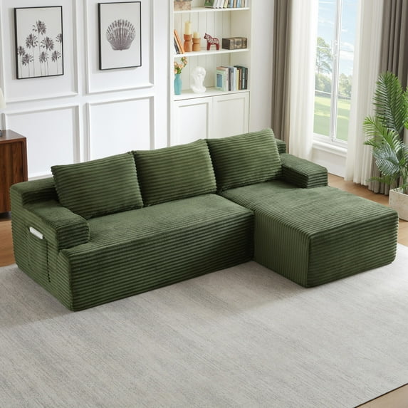 Aukfa 96" L-Shaped Cloud Sectional Sofa, Modular Boneless Couch with Deep Seat, Right-Facing Chaise, Corduroy Sleeper Sofa for Living Room, Green