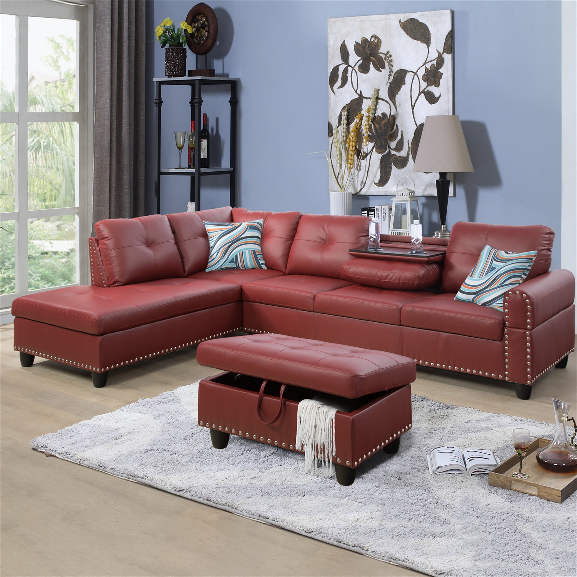 Aukfa 96" Leather Sectional Sofa with Storage Ottoman for Living Room, 2 Cup Holders, Left Facing Chaise, Red