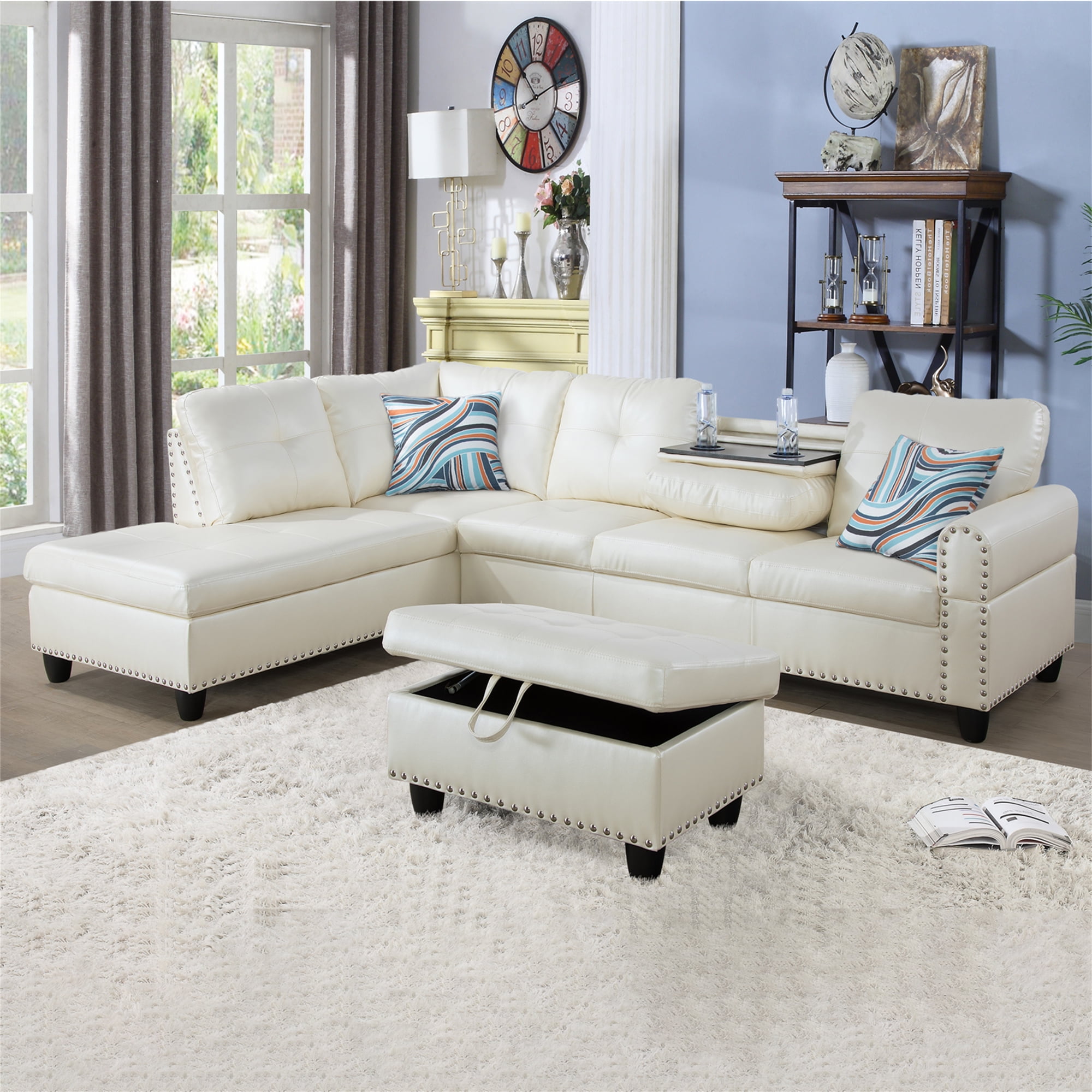 Aukfa 96" Leather Sectional Sofa with Storage Ottoman for Living Room, 2 Cup Holders, Left Facing Chaise, White