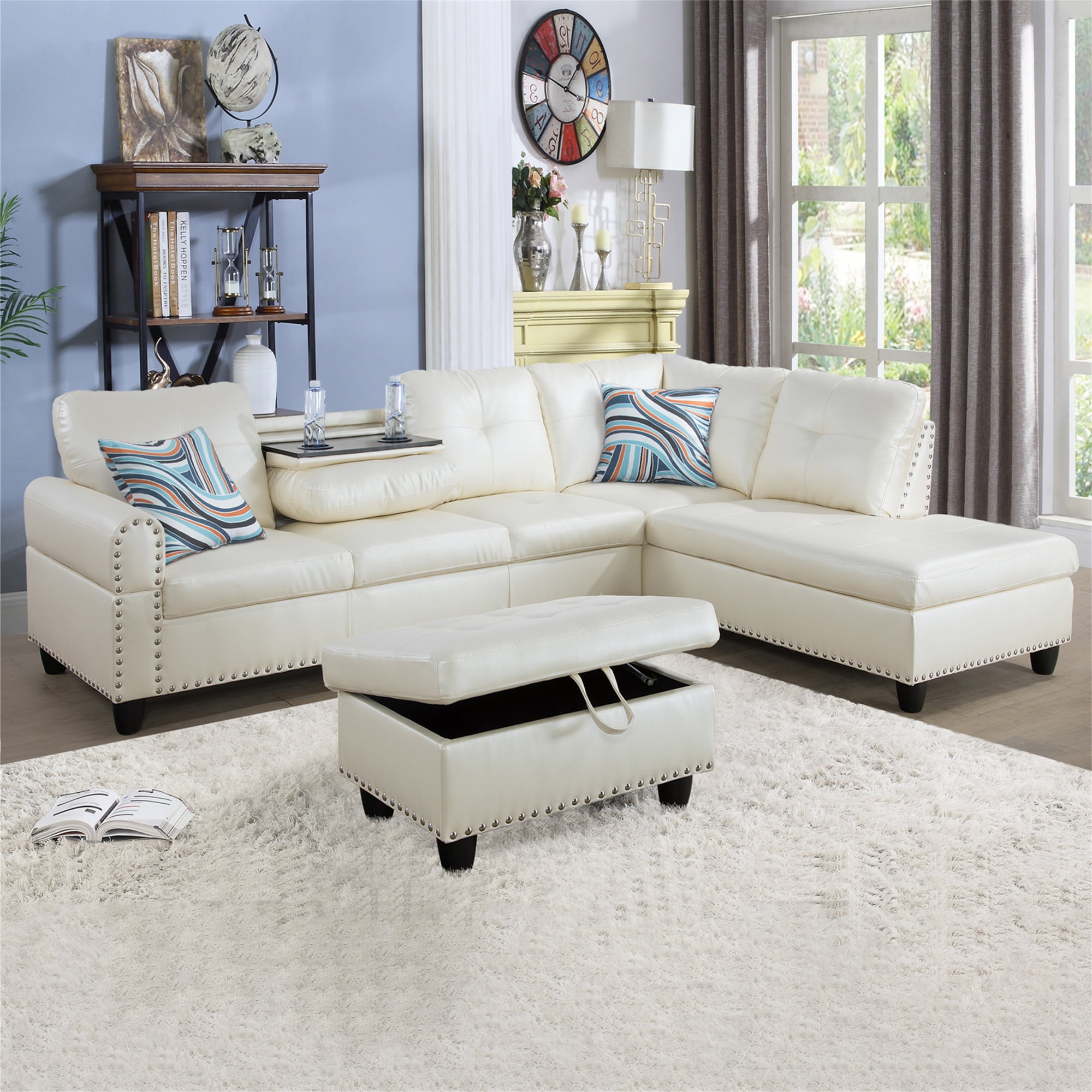 Aukfa 96" Leather Sectional Sofa with Storage Ottoman for Living Room, 2 Cup Holders, Right Facing Chaise, White