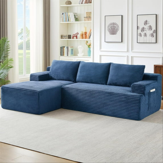 Aukfa 95" Cloud Sectional Sofa Boneless Couch Modular Sofa Bed for Living Room, 2 Side Pockets, Left Chaise, Blue