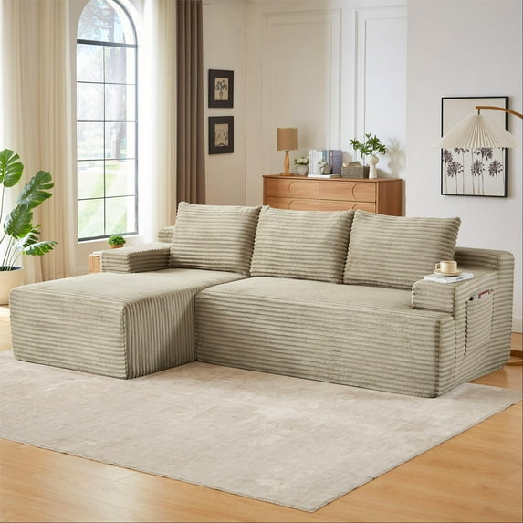 Aukfa 95" Cloud Sectional Sofa Boneless Couch Modular Sofa Bed for Living Room, 2 Side Pockets, Left Chiase, Camel