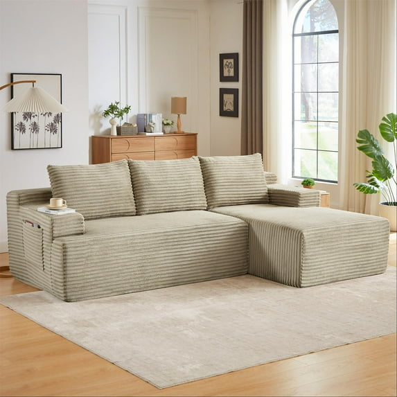 Aukfa 95" Cloud Sectional Sofa Boneless Couch Modular Sofa Bed for Living Room, 2 Side Pockets, Right Chaise, Camel
