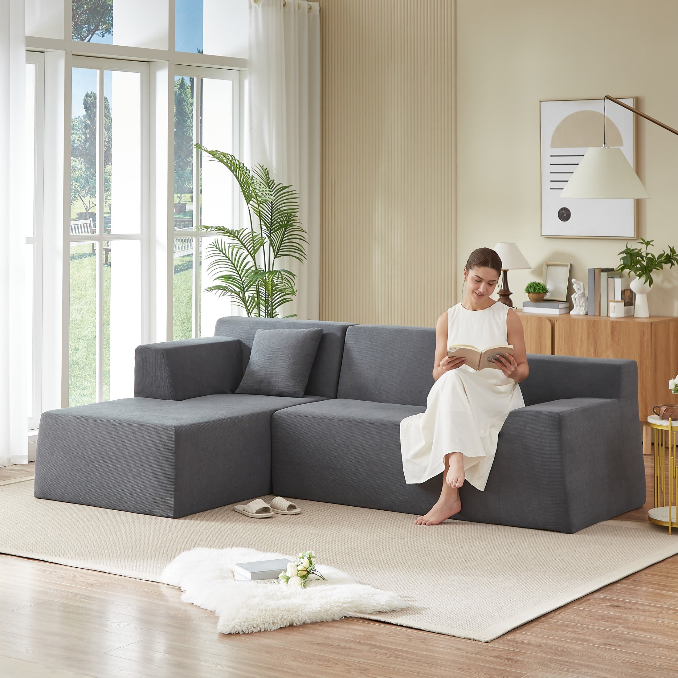 Aukfa 96" Modular Sectional Sofa, L-Shaped Cloud Couch with Left Facing Chaise, Corduroy 3-Seat Memory Foam Sofa for Living Room, Gray