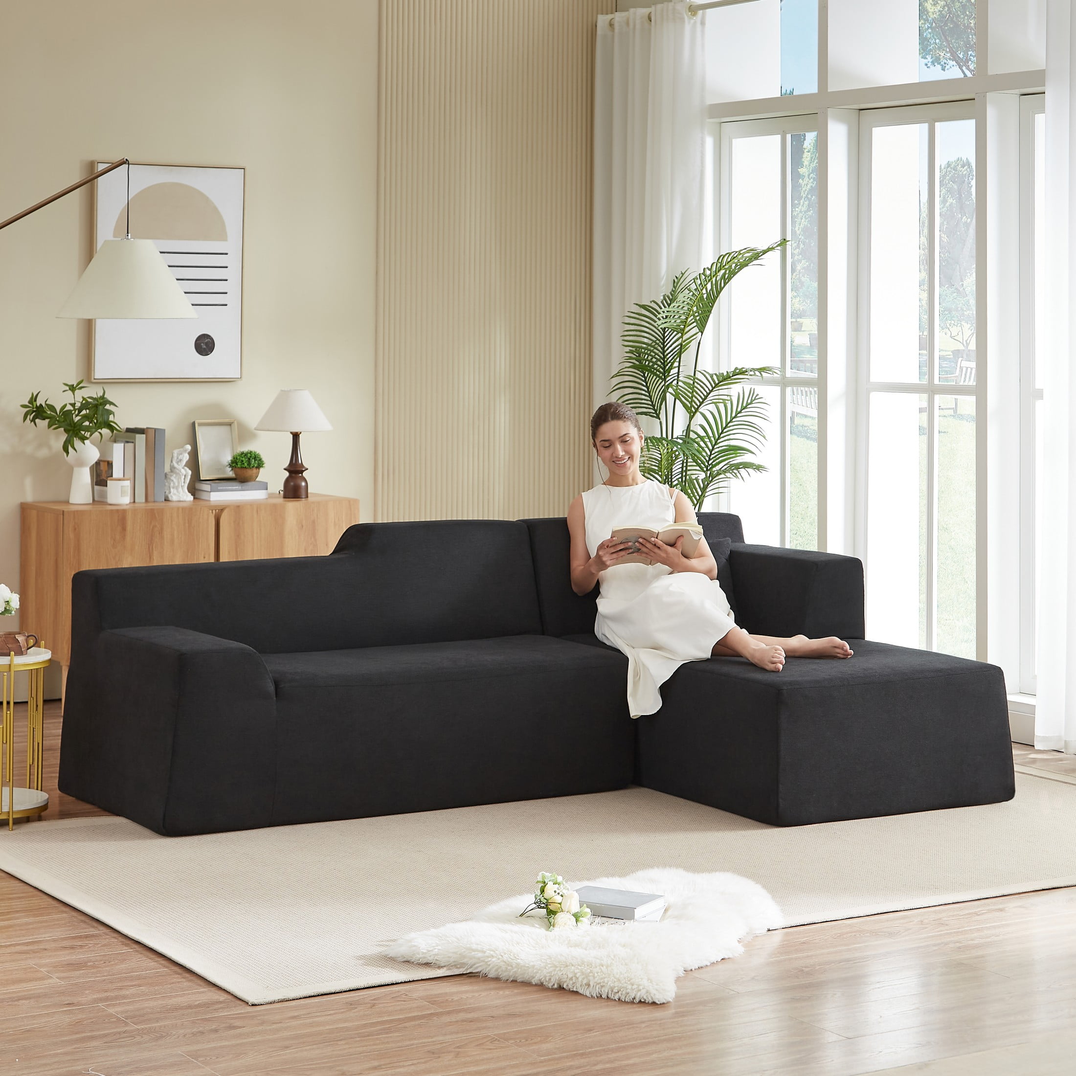 Aukfa 96" Modular Sectional Sofa, L-Shaped Cloud Couch with Right Facing Chaise, Corduroy 3-Seat Memory Foam Sofa for Living Room, Black