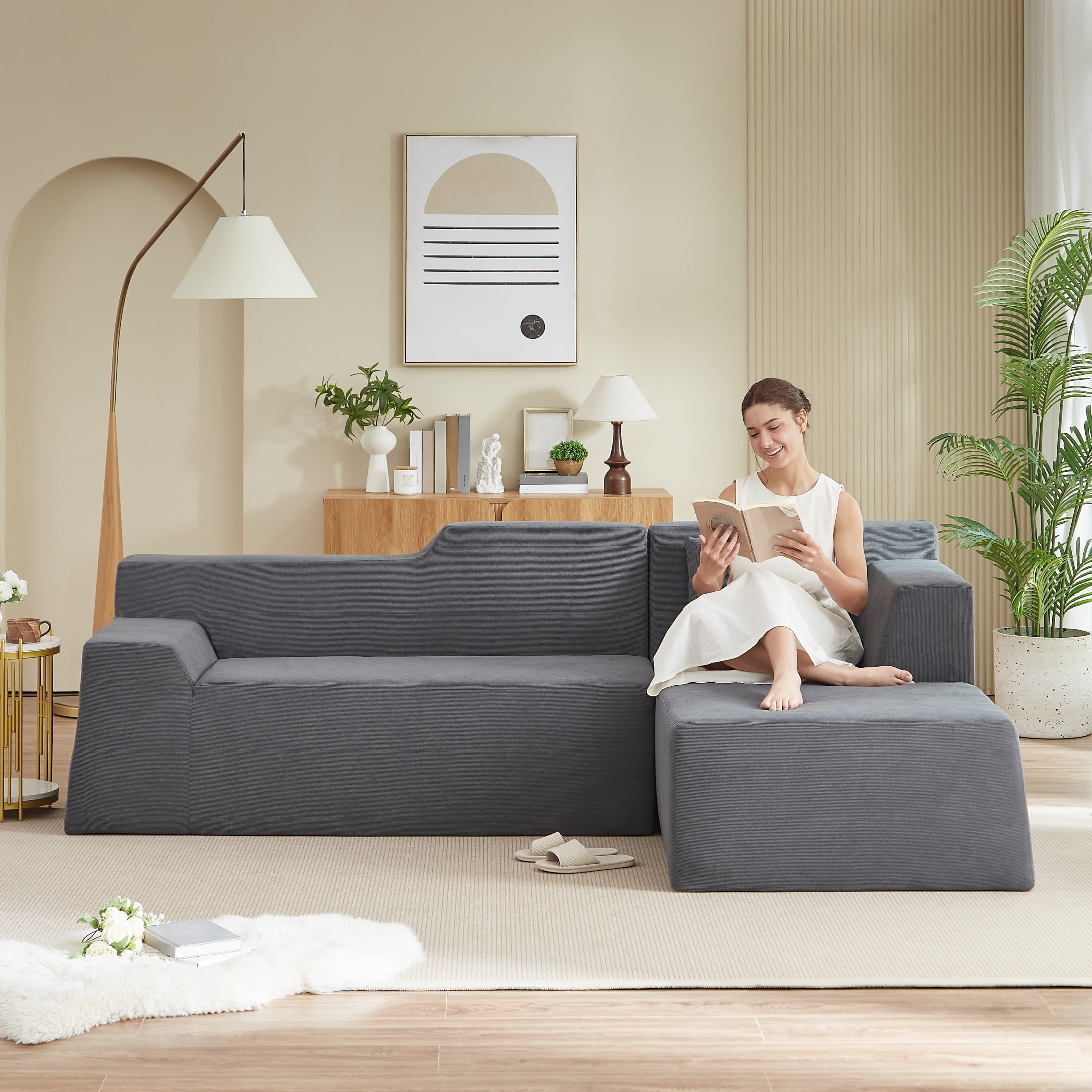 Aukfa 96" Modular Sectional Sofa, L-Shaped Cloud Couch with Right Facing Chaise, Corduroy 3-Seat Memory Foam Sofa for Living Room, Gray