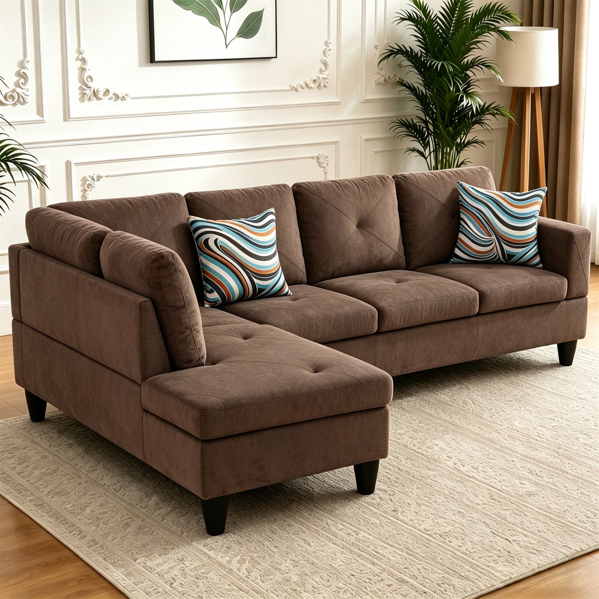 Aukfa 97" Classic Sectional Sofa 4 Seat L shape Couch for Living Room, 2Pillows, Oversized Left Chaise, Chenille, Brown