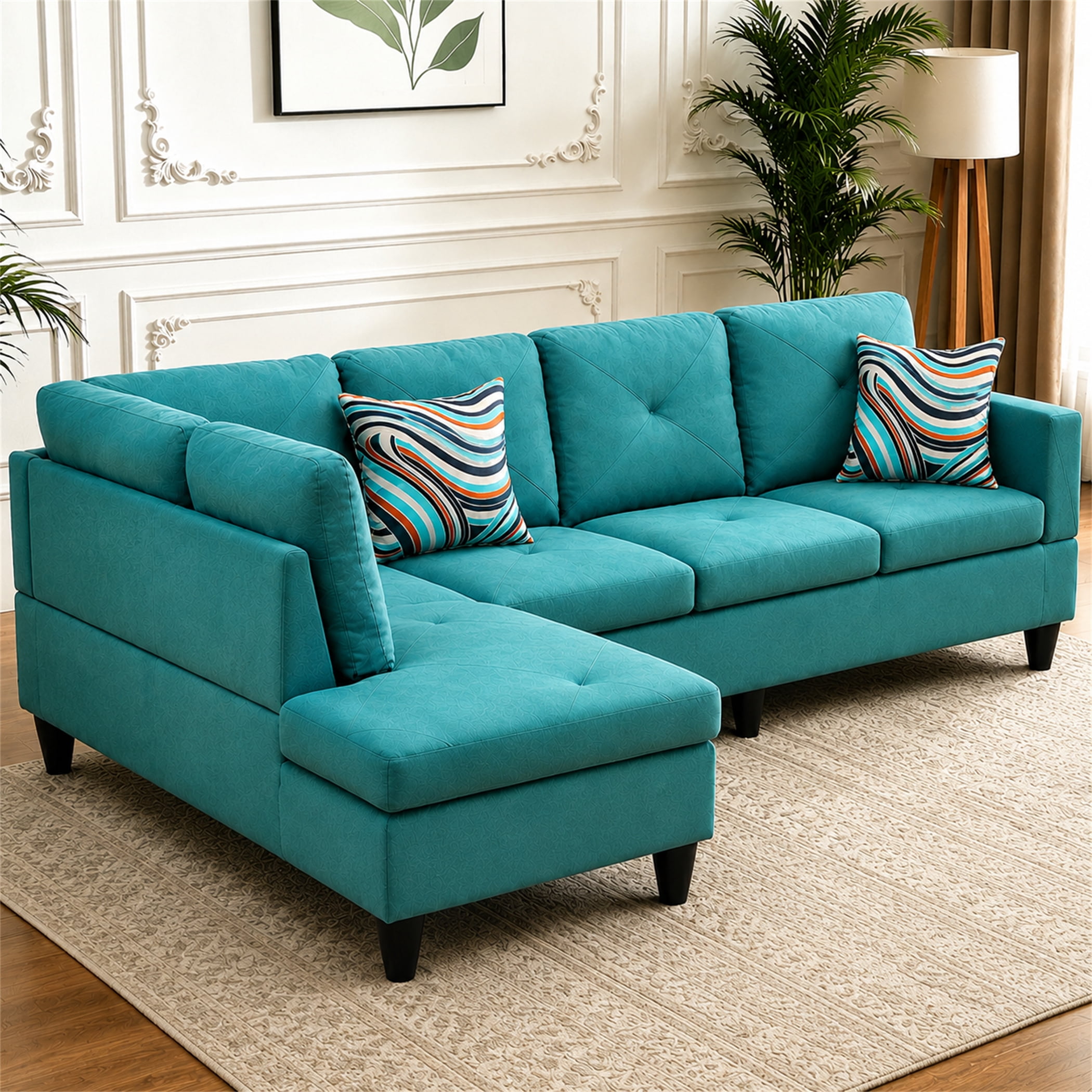 Aukfa 97" Classic Sectional Sofa 4 Seat L shape Couch for Living Room, 2Pillows, Oversized Left Chaise, Linen, Aqua Blue