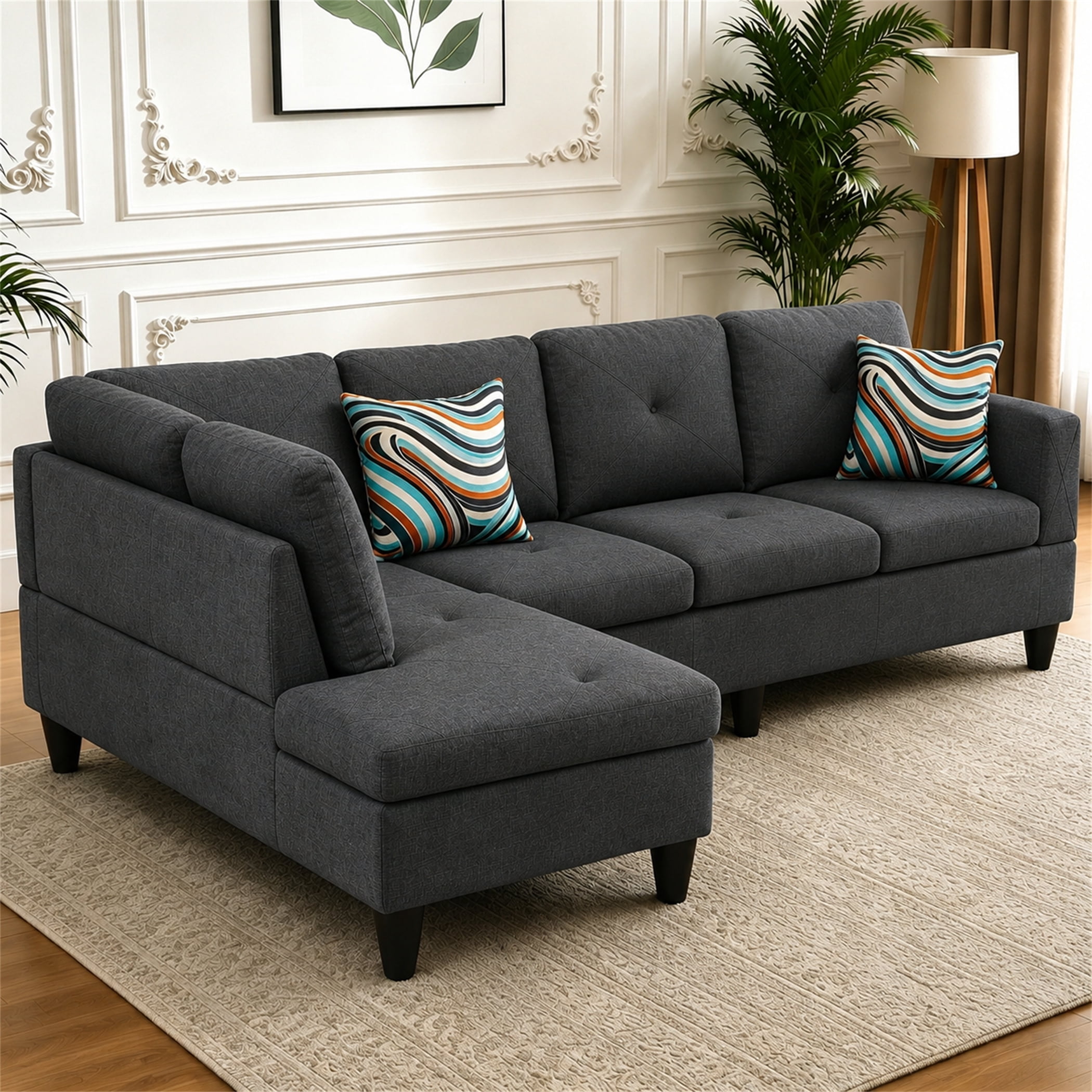 Aukfa 97" Classic Sectional Sofa 4 Seat L shape Couch for Living Room, 2Pillows, Oversized Left Chaise, Linen, Black Gray