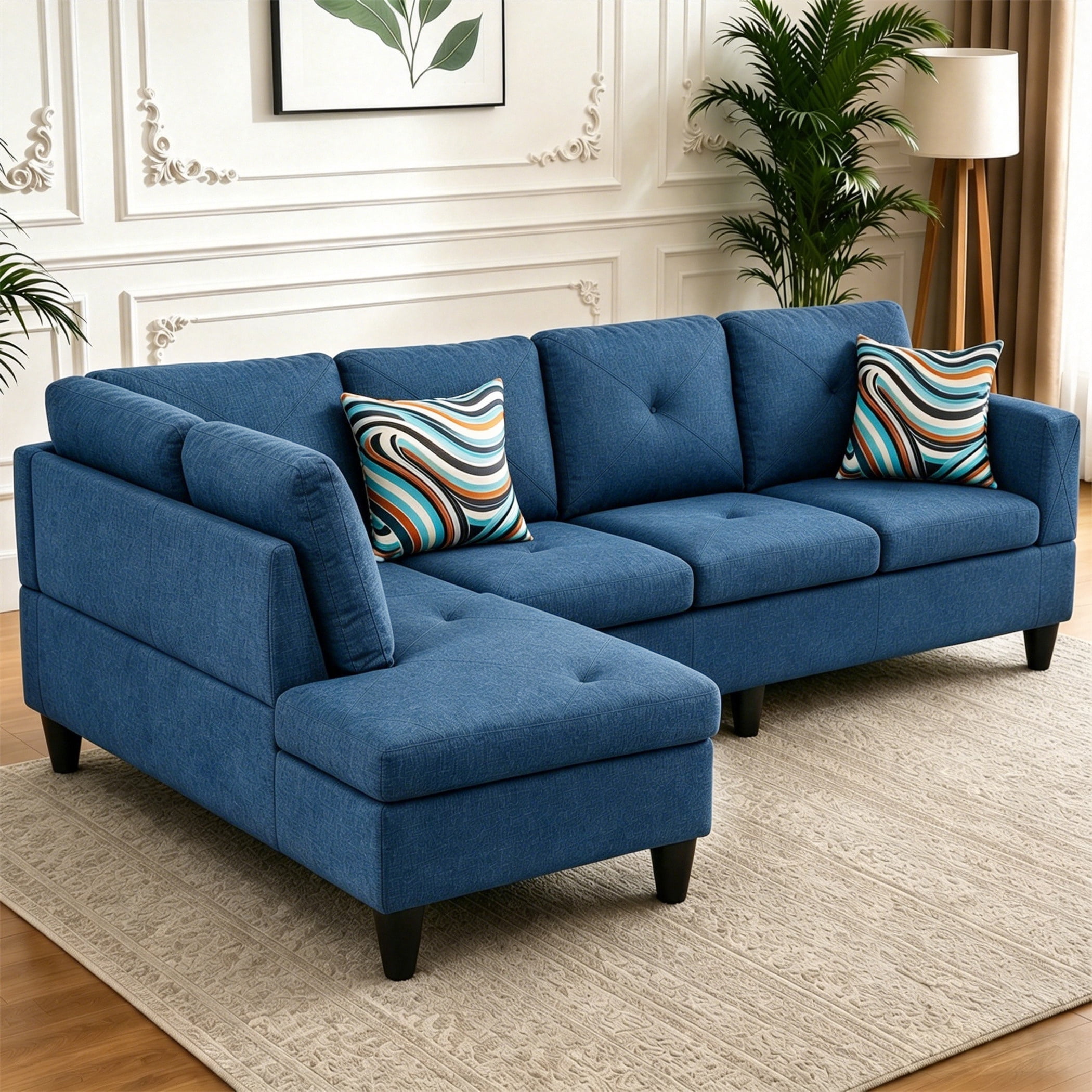 Aukfa 97" Classic Sectional Sofa 4 Seat L shape Couch for Living Room, 2Pillows, Oversized Left Chaise, Linen, Blue