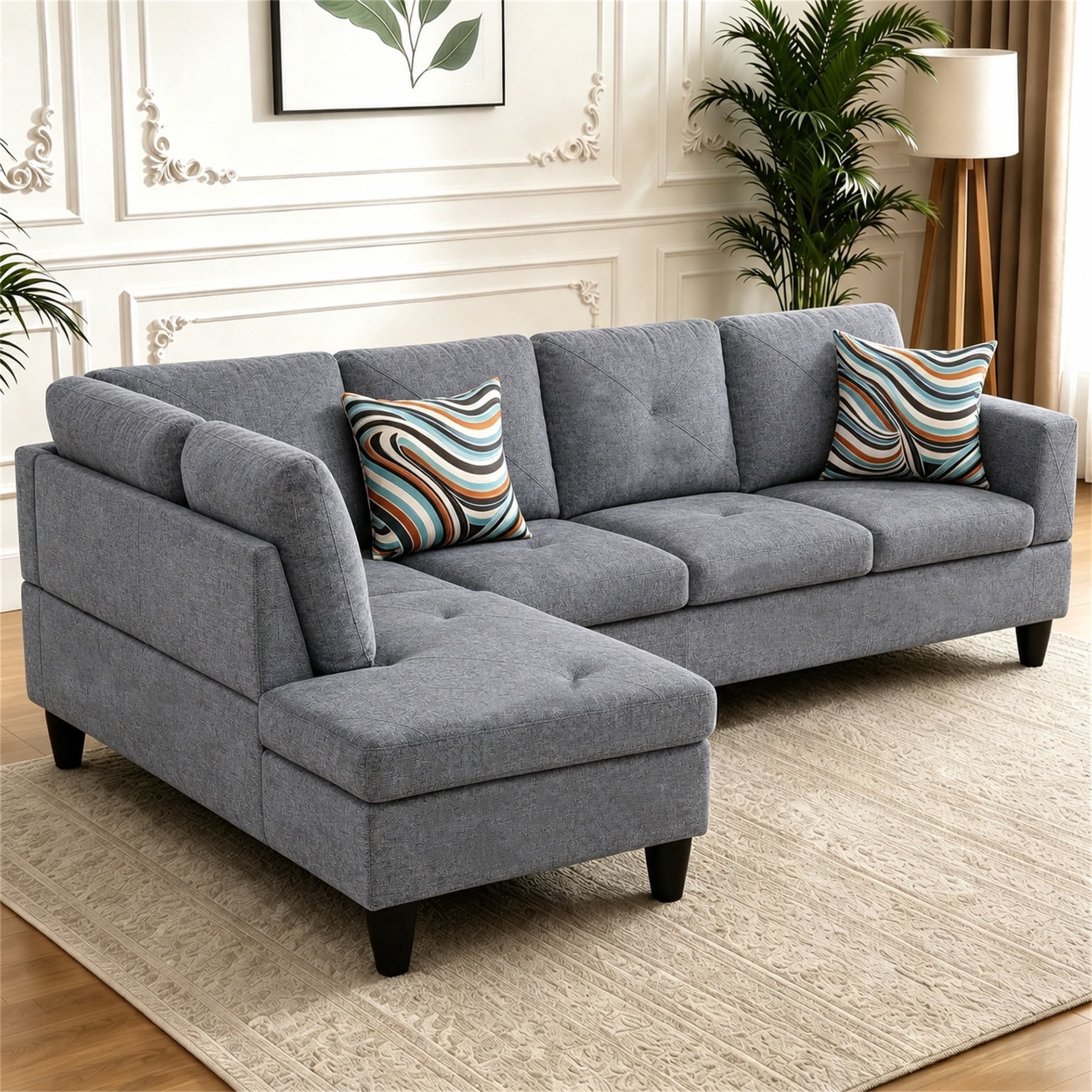 Aukfa 97" Classic Sectional Sofa 4 Seat L shape Couch for Living Room, 2Pillows, Oversized Left Chaise, Linen, Gray