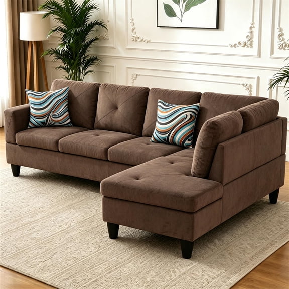 Aukfa 97" Classic Sectional Sofa 4 Seat L shape Couch for Living Room, 2Pillows, Oversized Right Chaise, Chenille, Brown