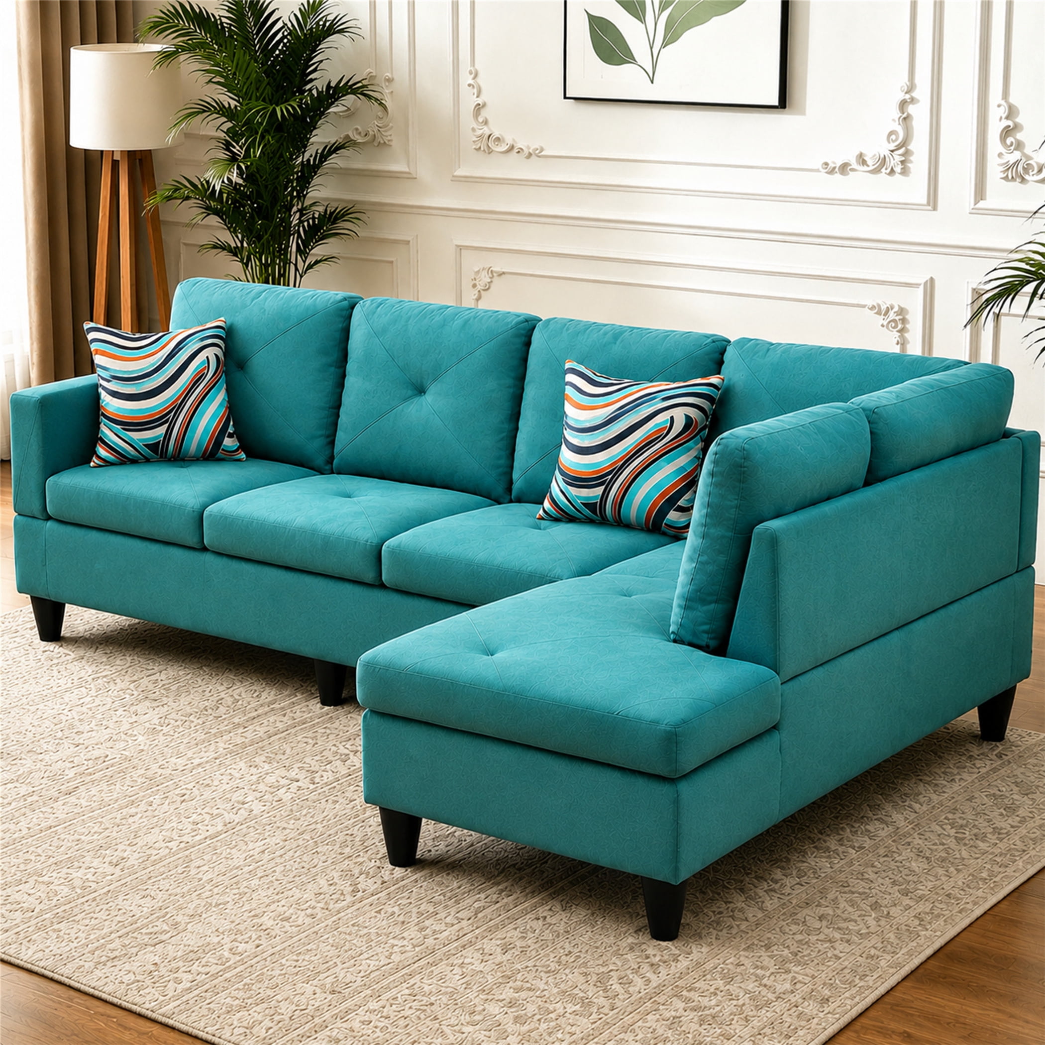 Aukfa 97" Classic Sectional Sofa 4 Seat L shape Couch for Living Room, 2Pillows, Oversized Right Chaise, Linen, Aqua Blue