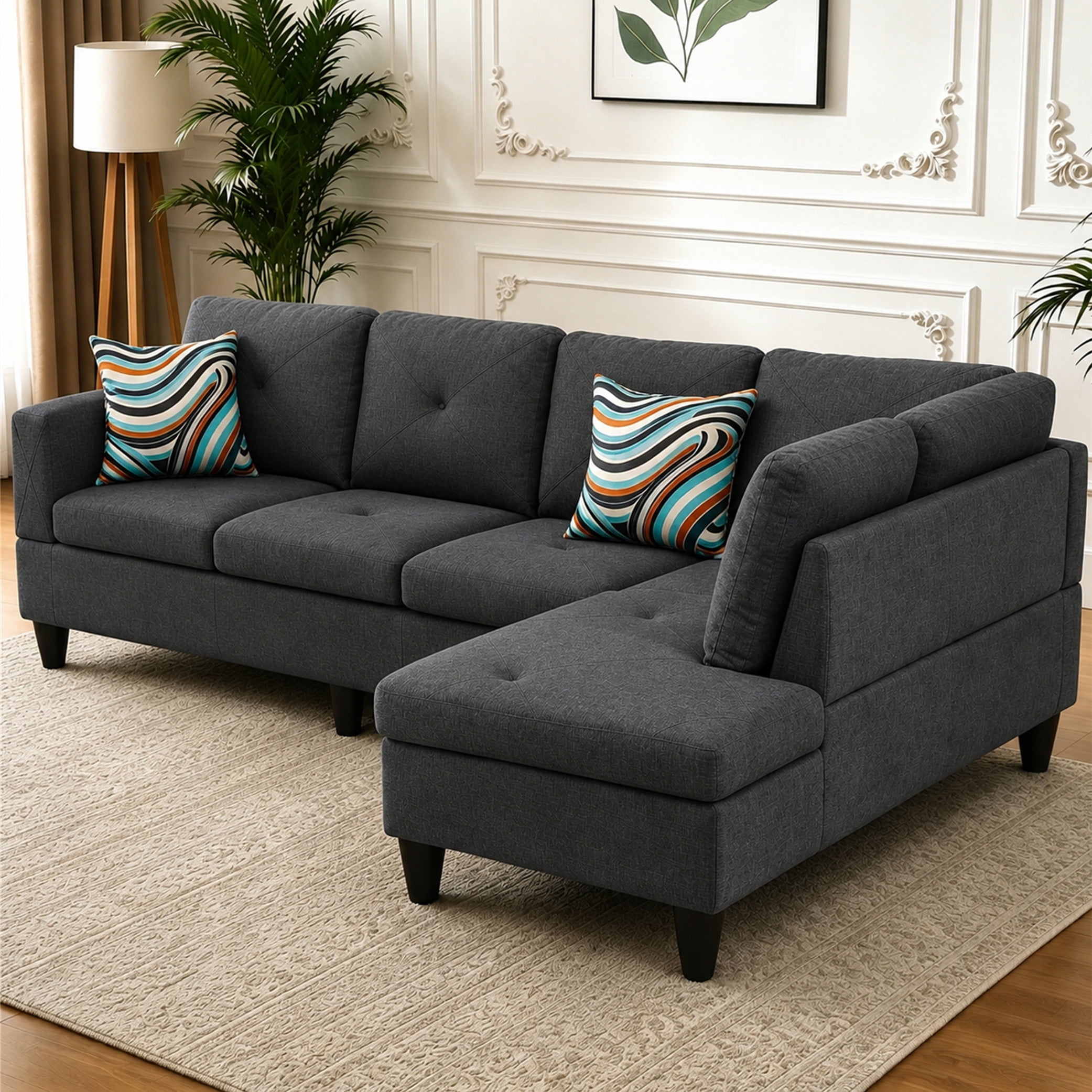 Aukfa 97" Classic Sectional Sofa 4 Seat L shape Couch for Living Room, 2Pillows, Oversized Right Chaise, Linen, Black Gray