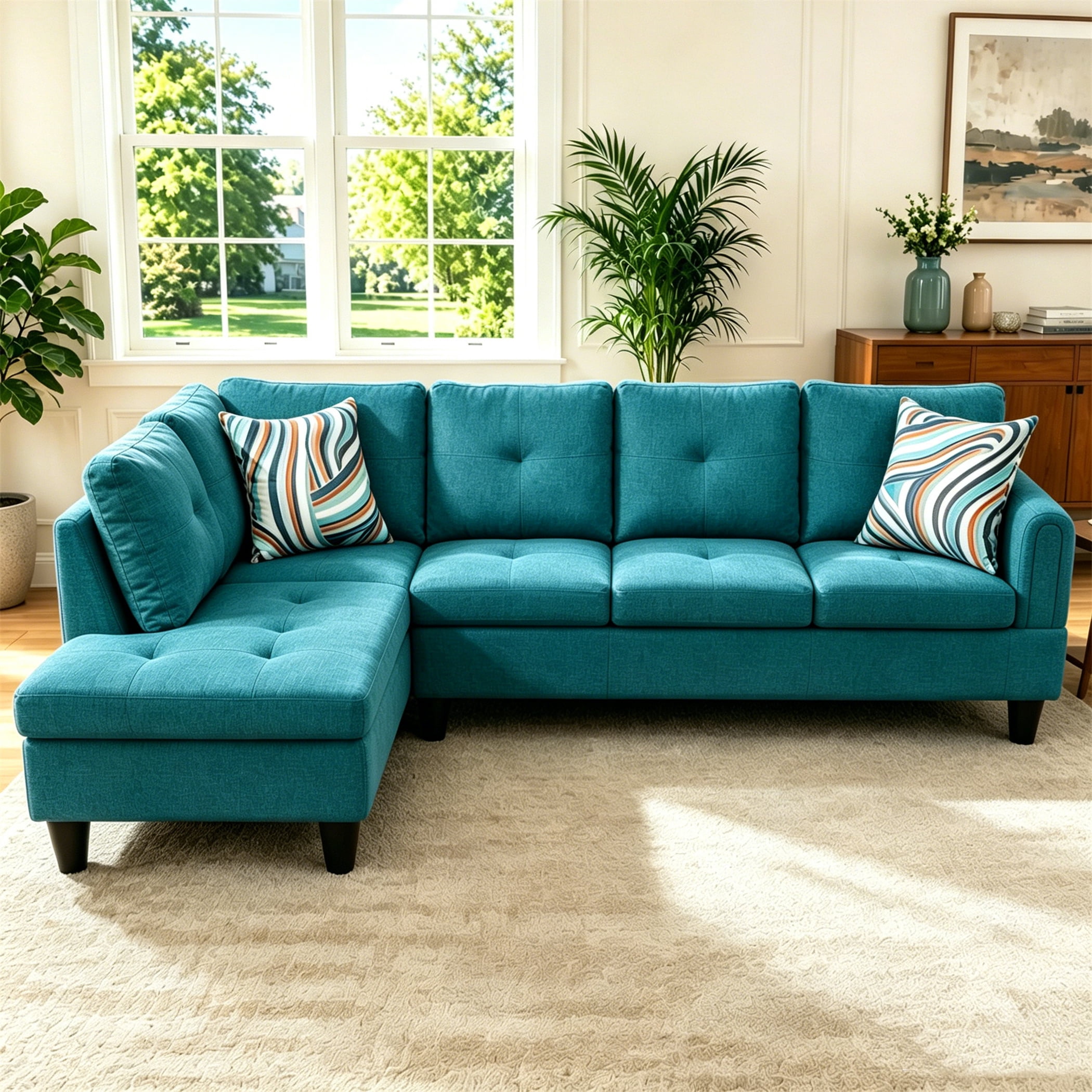 Aukfa 97" Classic Sectional Sofa 4 Seat L shape Couch with Oversized Left Chaise for Living Room, 2Pillows, Linen, Aqua Blue