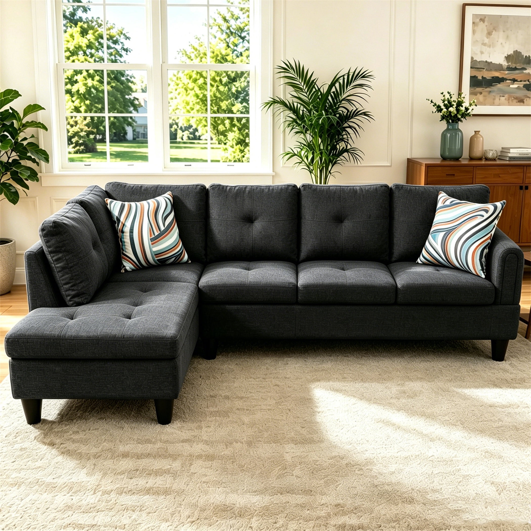 Aukfa 97" Classic Sectional Sofa 4 Seat L shape Couch with Oversized Left Chaise for Living Room, 2Pillows, Linen, Black Gray