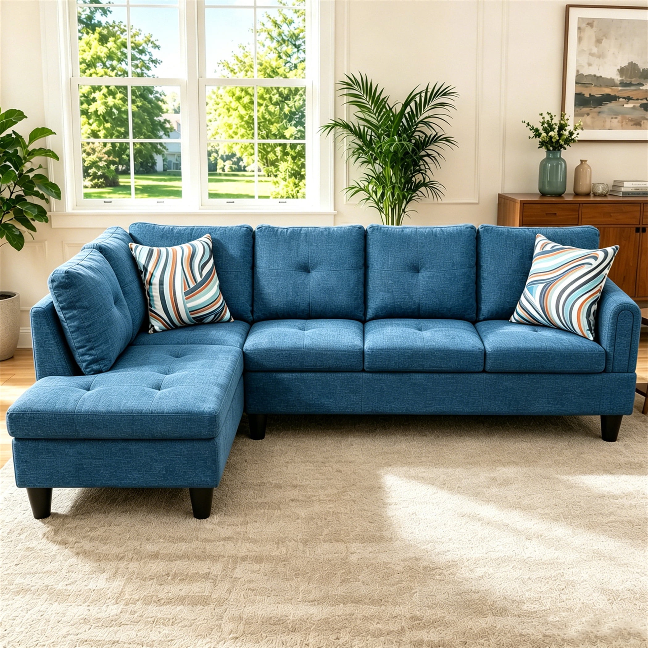 Aukfa 97" Classic Sectional Sofa 4 Seat L shape Couch with Oversized Left Chaise for Living Room, 2Pillows, Linen, Blue