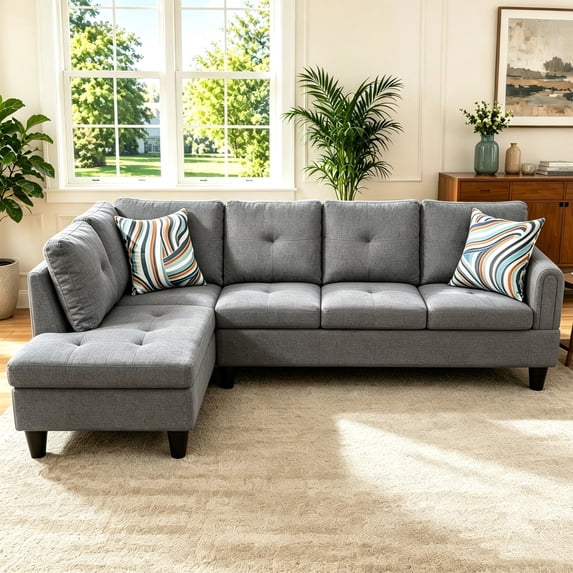 Aukfa 97" Classic Sectional Sofa 4 Seat L shape Couch with Oversized Left Chaise for Living Room, 2Pillows, Linen, Gray