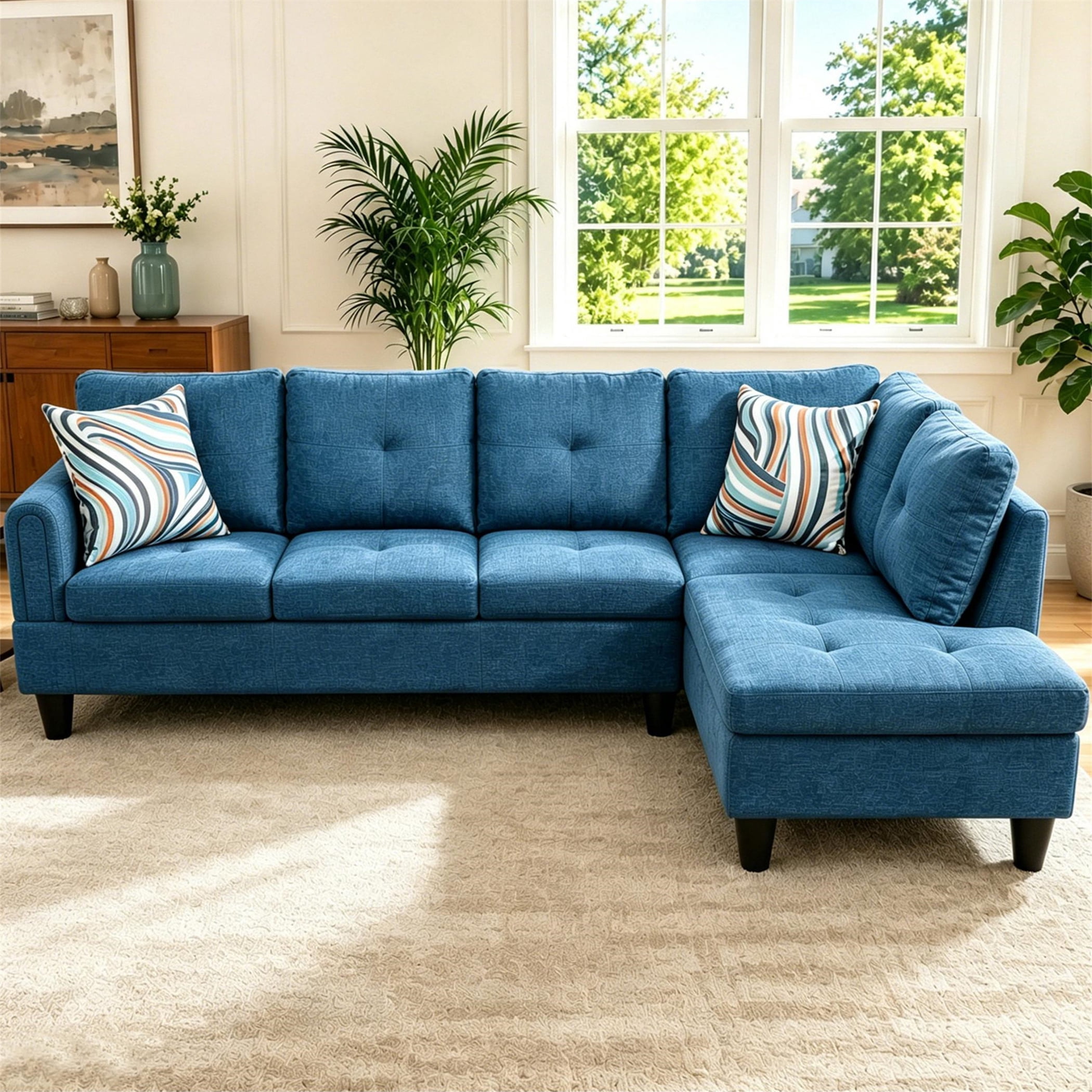 Aukfa 97" Classic Sectional Sofa 4 Seat L shape Couch with Oversized Right Chaise for Living Room, 2Pillows, Linen, Blue
