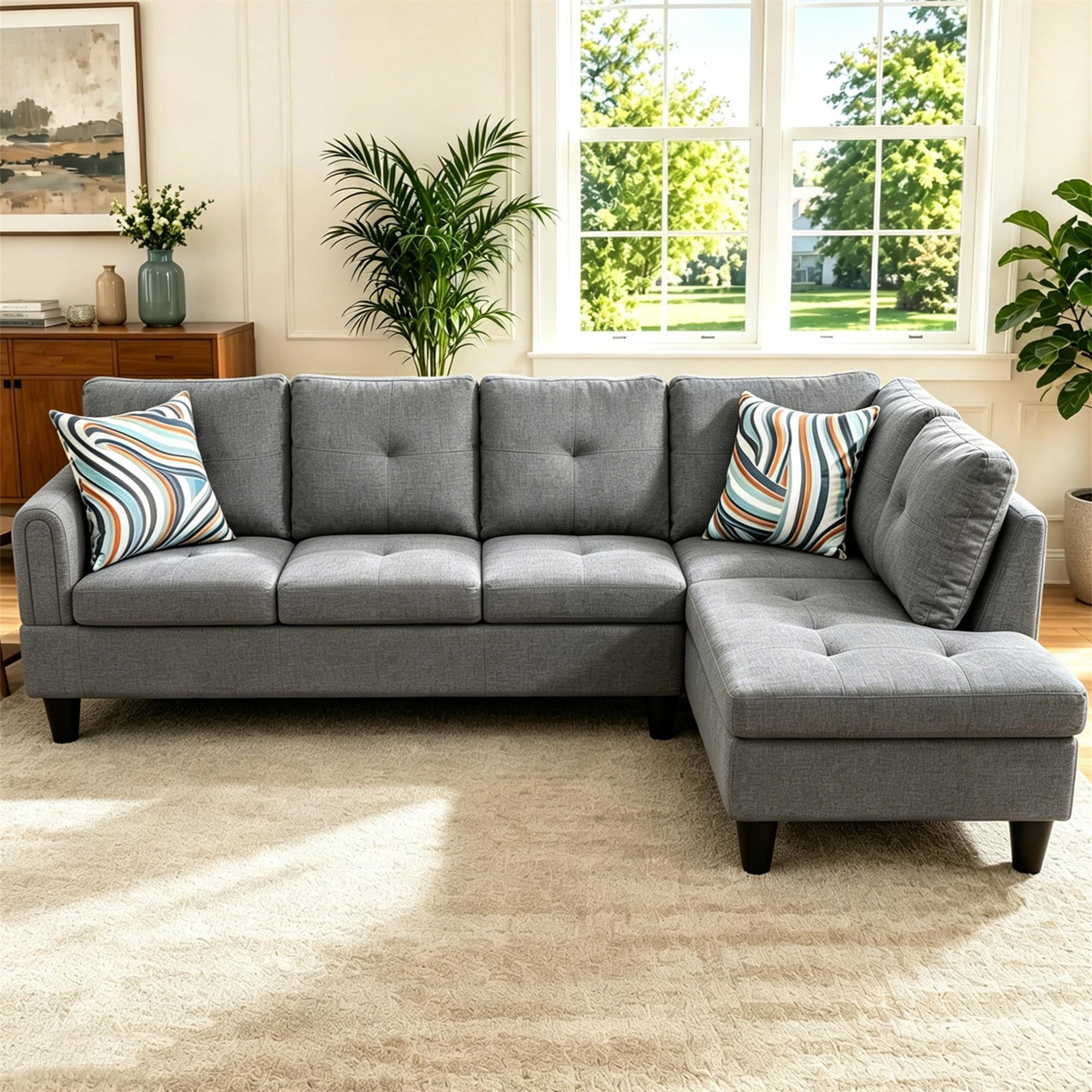 Aukfa 97" Classic Sectional Sofa 4 Seat L shape Couch with Oversized Right Chaise for Living Room, 2Pillows, Linen, Gray