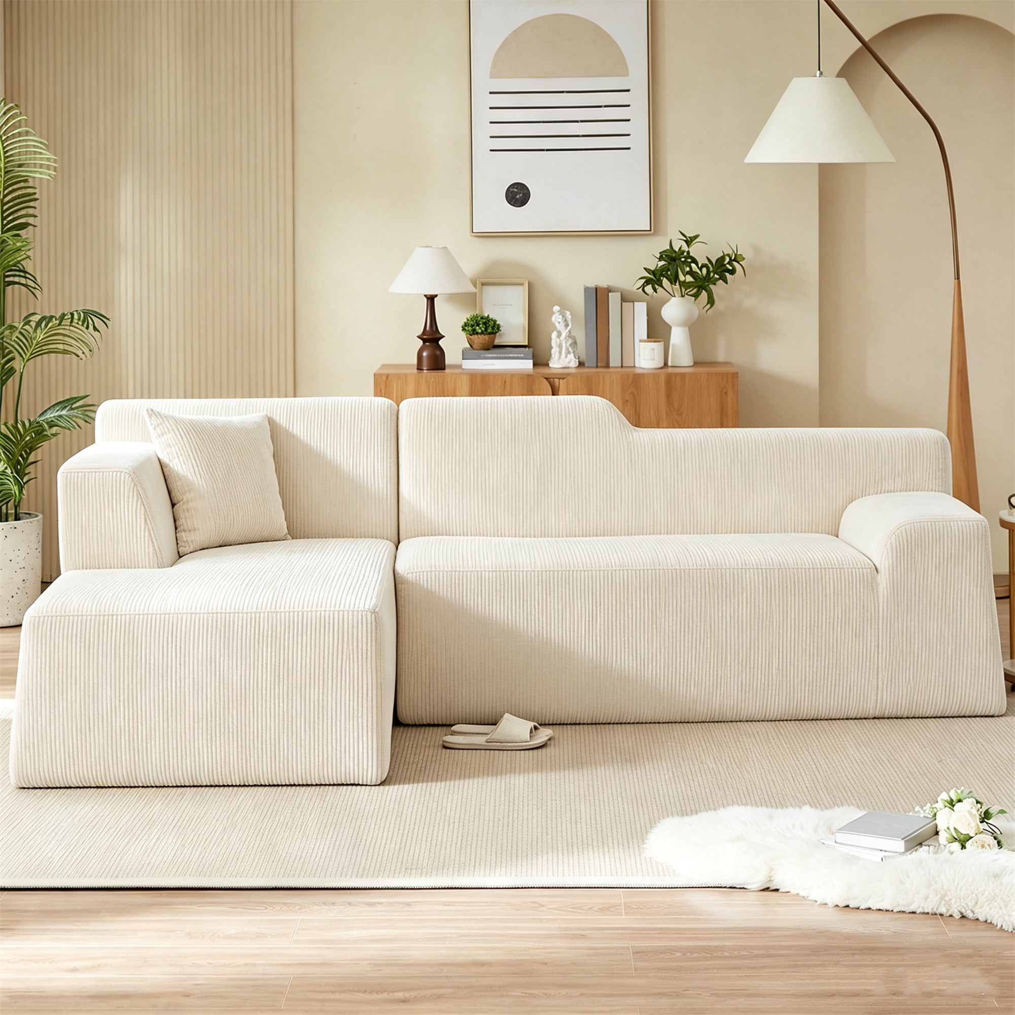 Aukfa 97" Cloud Sectional Sofa Tight Back Boneless Couch Modular L-Shaped Couch, Left Chaise Corduroy Sofa for Living Room, Beige