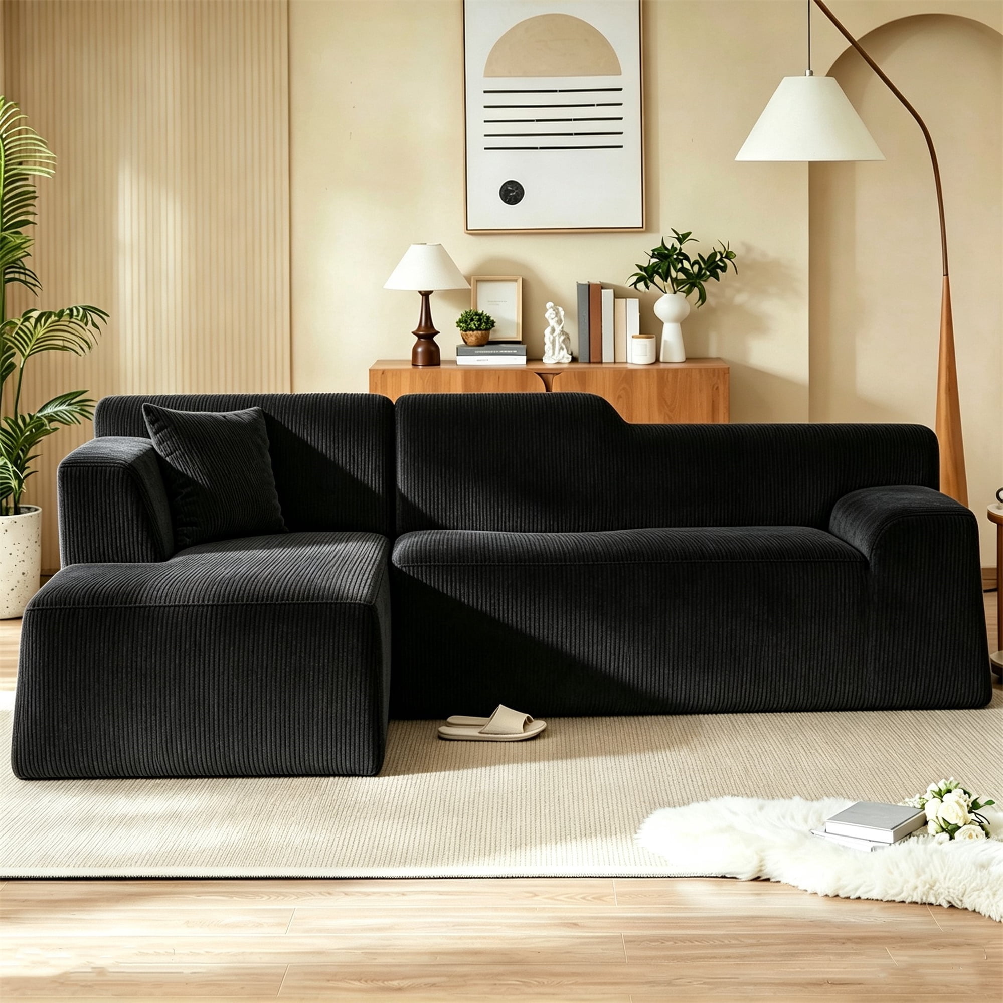 Aukfa 97" Cloud Sectional Sofa Tight Back Boneless Couch Modular L-Shaped Couch, Left Chaise Corduroy Sofa for Living Room, Black
