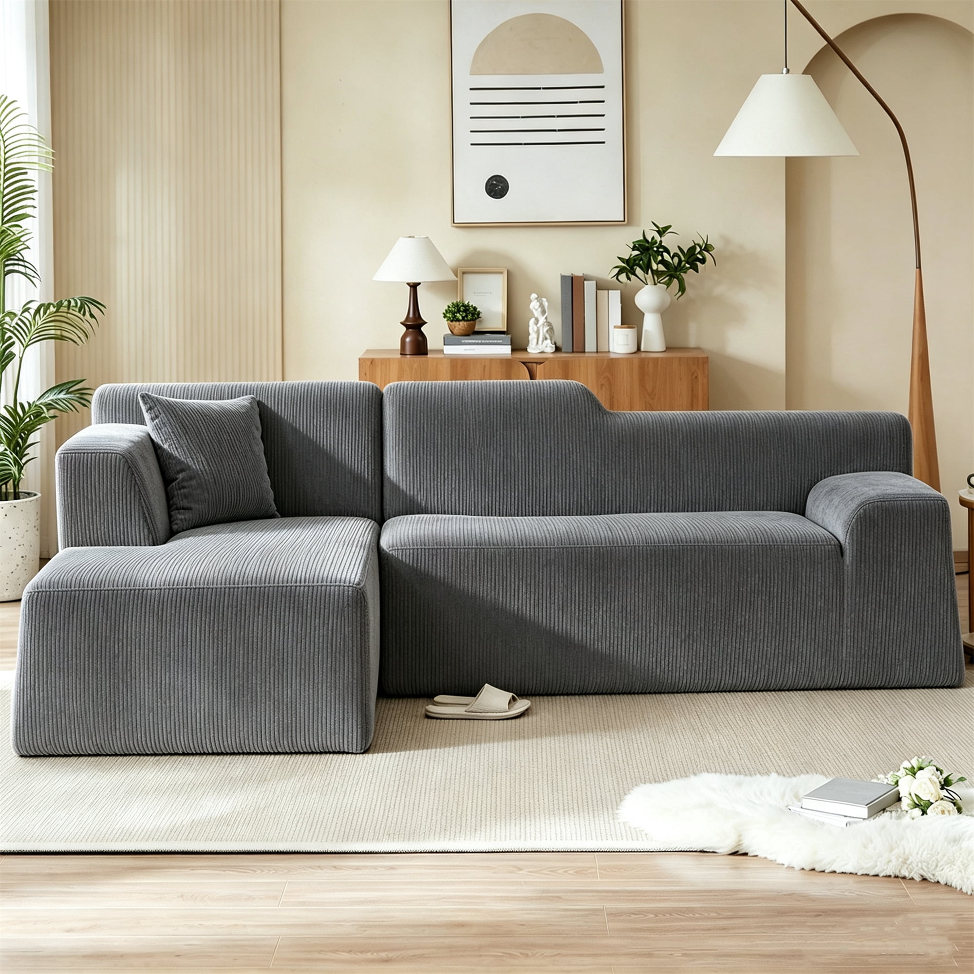 Aukfa 97" Cloud Sectional Sofa Tight Back Boneless Couch Modular L-Shaped Couch, Left Chaise Corduroy Sofa for Living Room, Gray