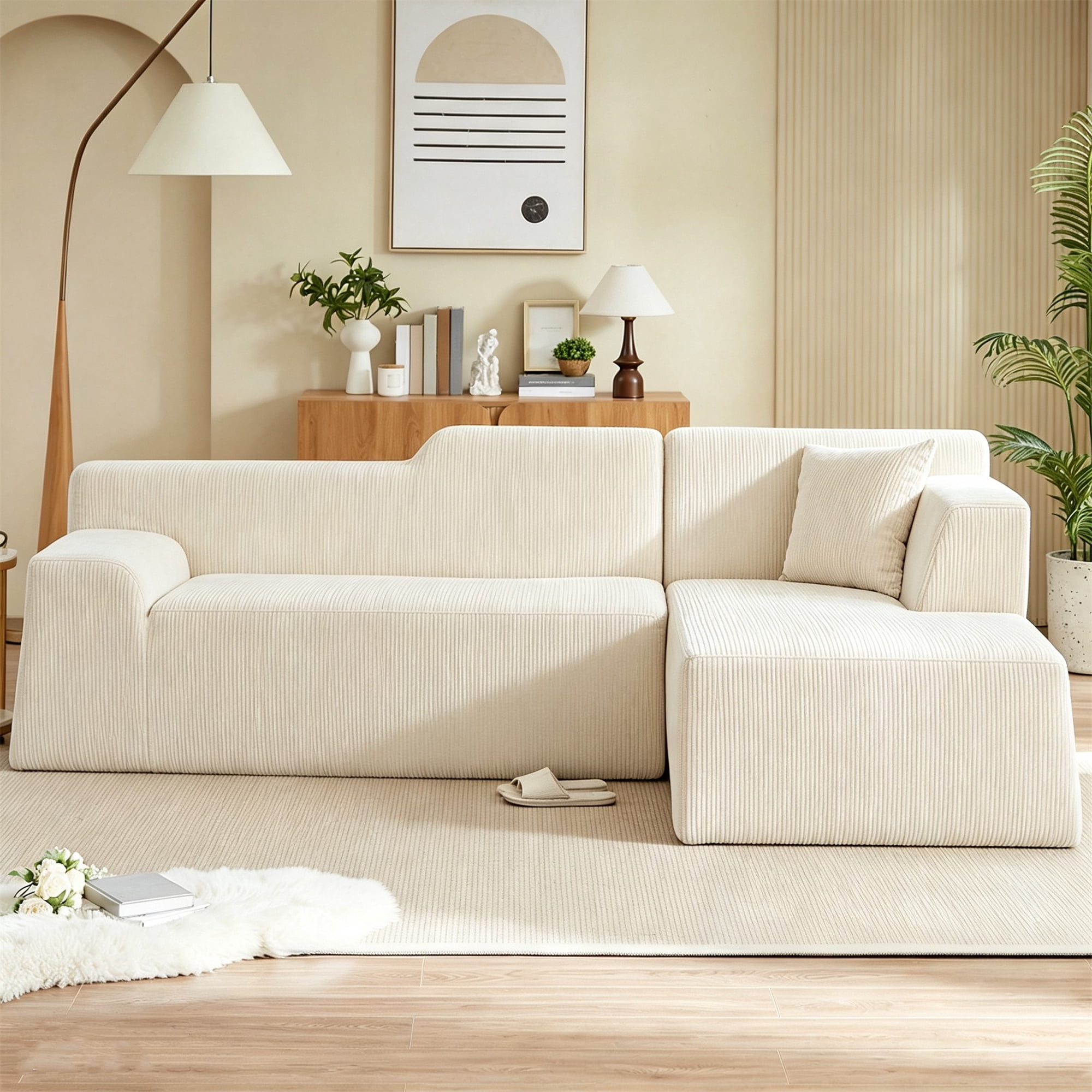 Aukfa 97" Cloud Sectional Sofa Tight Back Boneless Couch Modular L-Shaped Couch, Right Chaise Corduroy Sofa for Living Room, Beige
