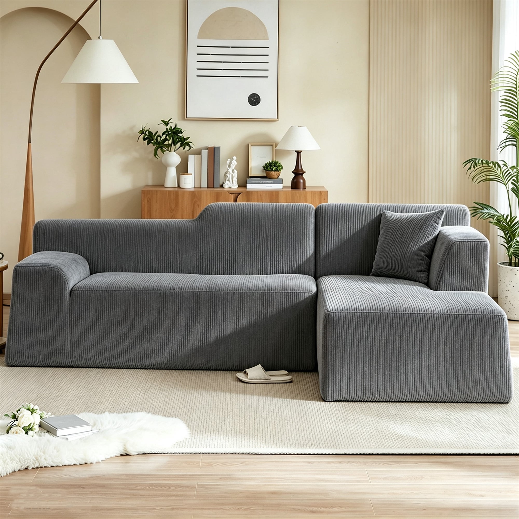 Aukfa 97" Cloud Sectional Sofa Tight Back Boneless Couch Modular L-Shaped Couch, Right Chaise Corduroy Sofa for Living Room, Gray