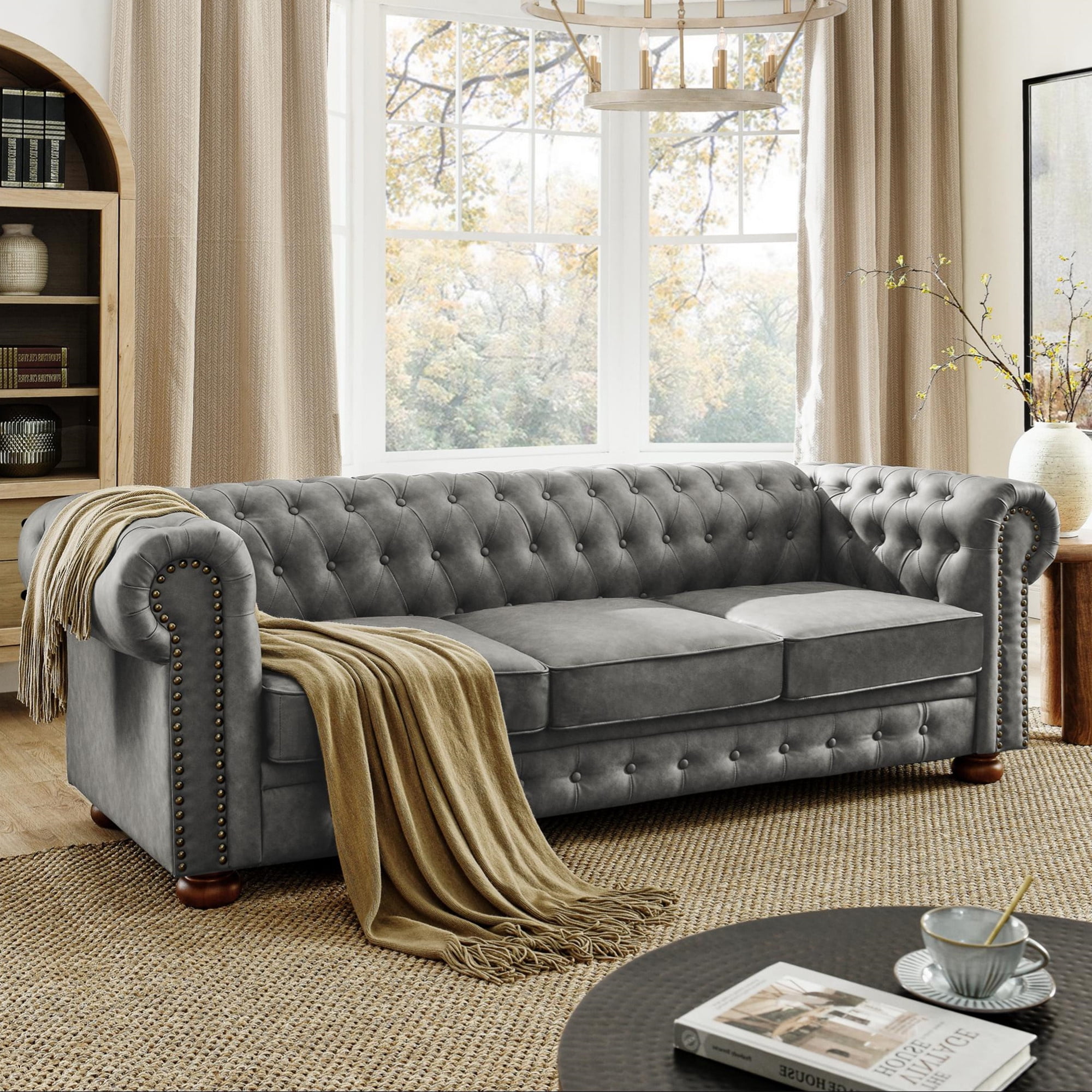 Aukfa 89" Chesterfield Sofa Deep Seat 3-Seater Leather Couch with Tufted Button for Living Room, Rolled Arms, Gray