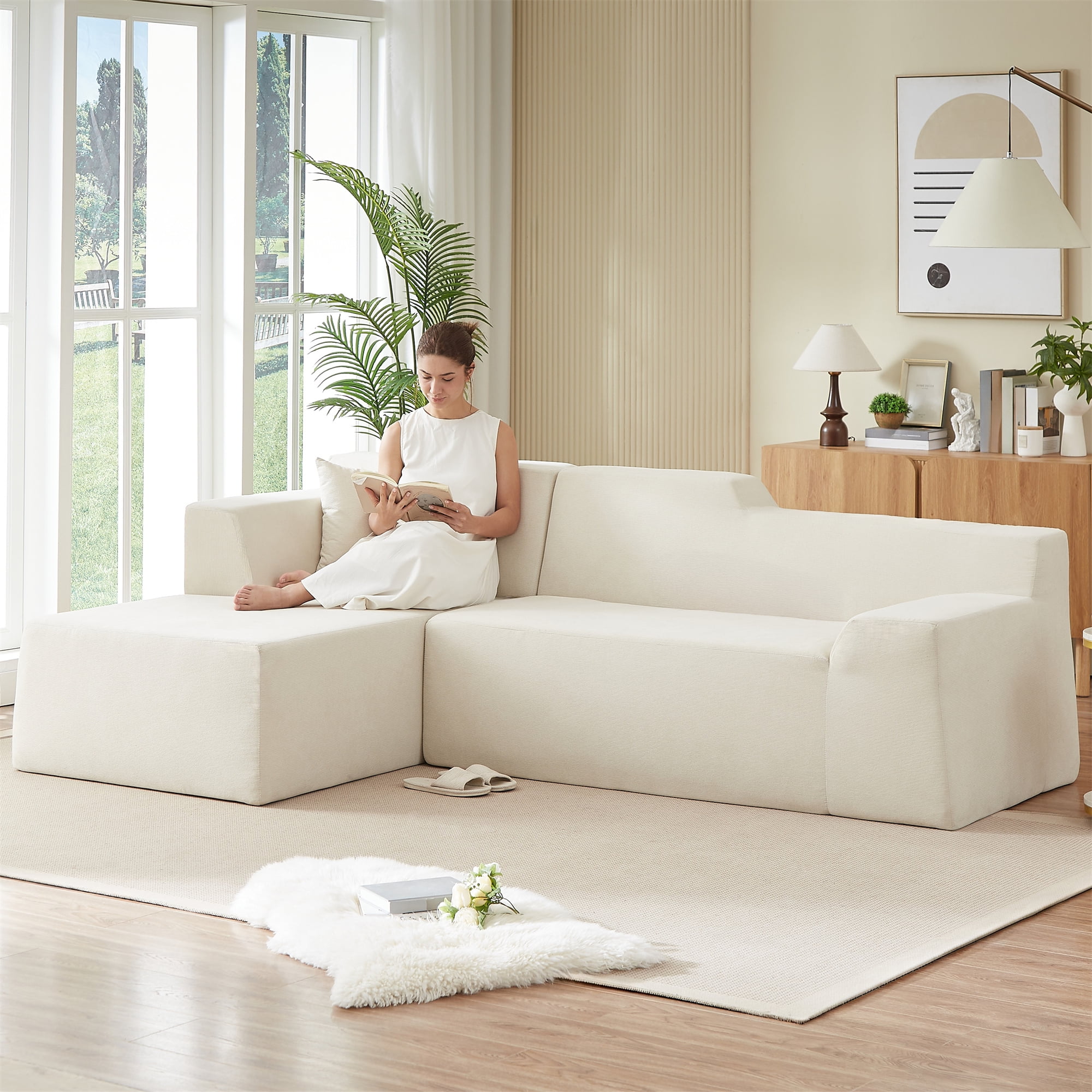 Aukfa 97" Cloud Sectional Sofa Trapezoid Boneless Couch Modular Sofa Bed for Living Room, Left Chaise, Beige