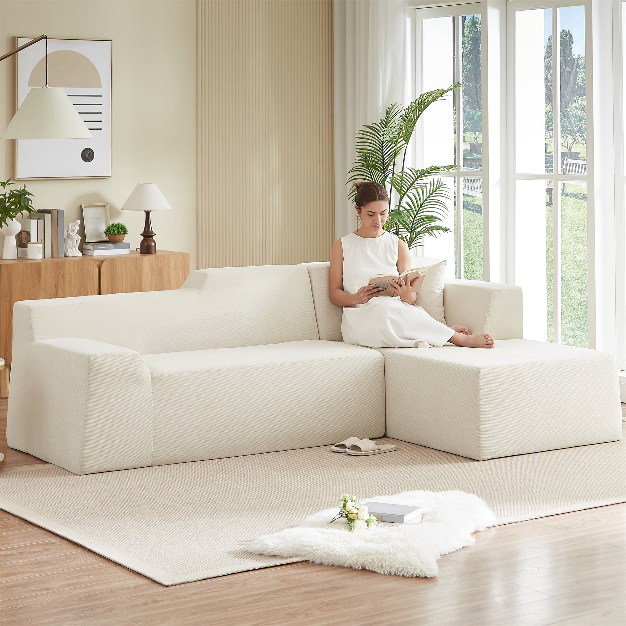 Aukfa 97" Cloud Sectional Sofa Trapezoid Boneless Couch Modular Sofa Bed for Living Room, Right Chaise, Beige