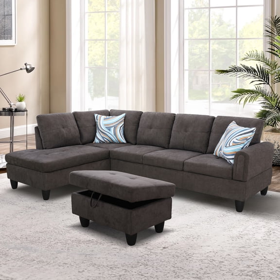 Aukfa 3 Piece L-shape Sectional Sofa Couch w/ Storage Ottoman for Living Room, 2 Pillows, Dark Brown
