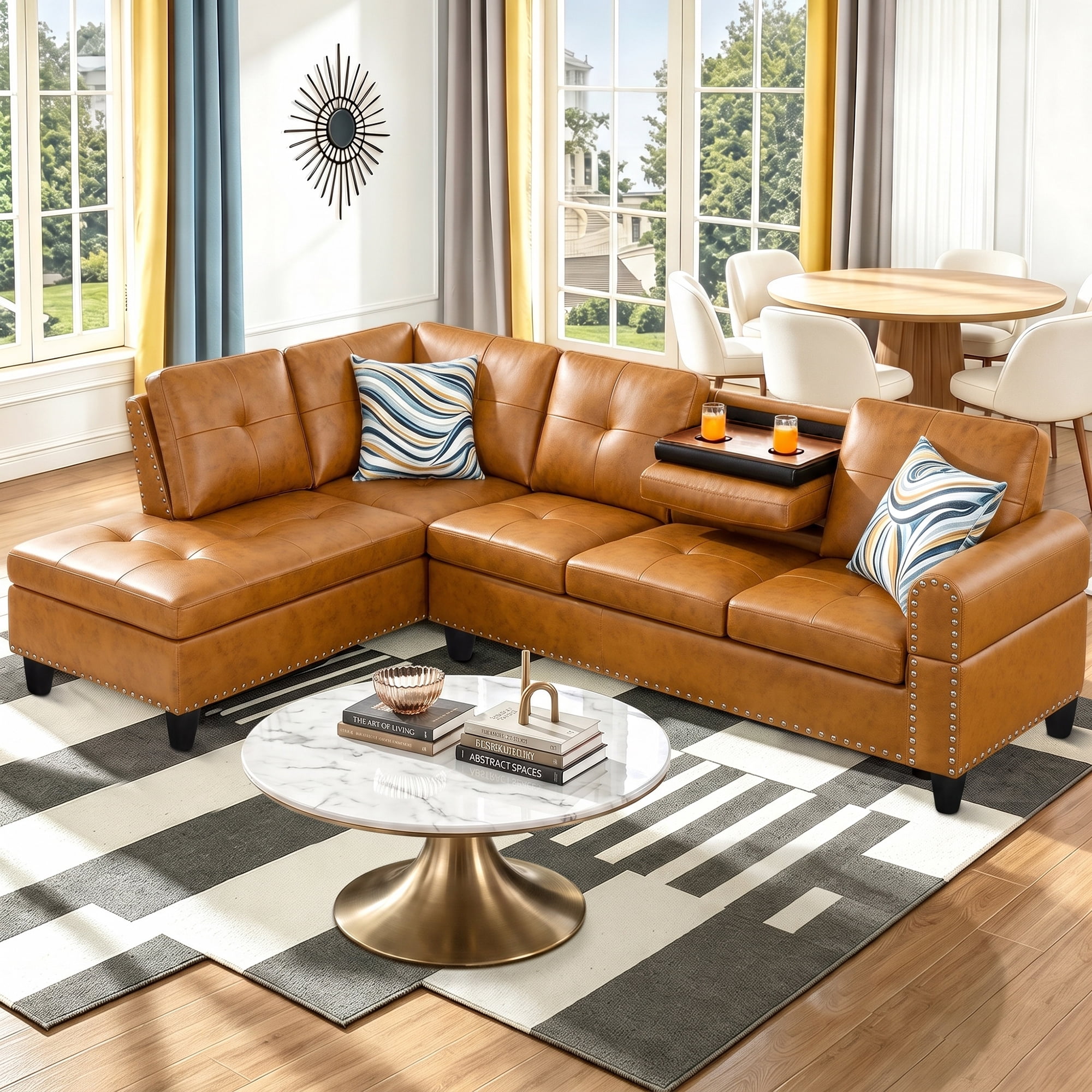 Aukfa 98" L Shaped Sectional Couch with Cup Holder Console, Tufted Back&Nailhead Trim, Oversized Left Chaise Leather Sofa for Living Room, Ginger