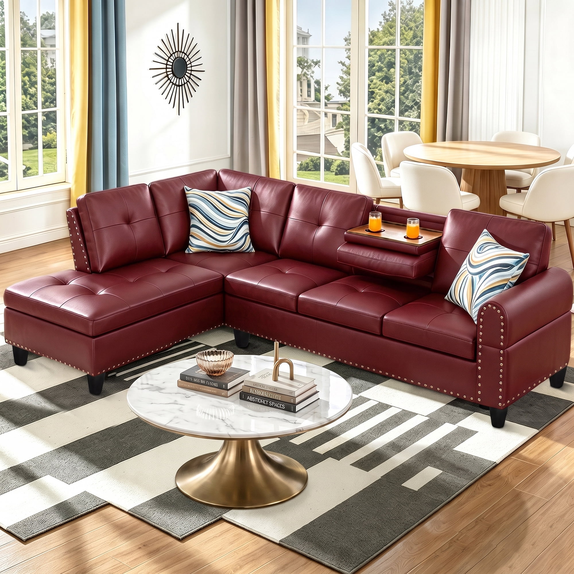 Aukfa 98" L Shaped Sectional Couch with Cup Holder Console, Tufted Back&Nailhead Trim, Oversized Left Chaise Leather Sofa for Living Room, Red