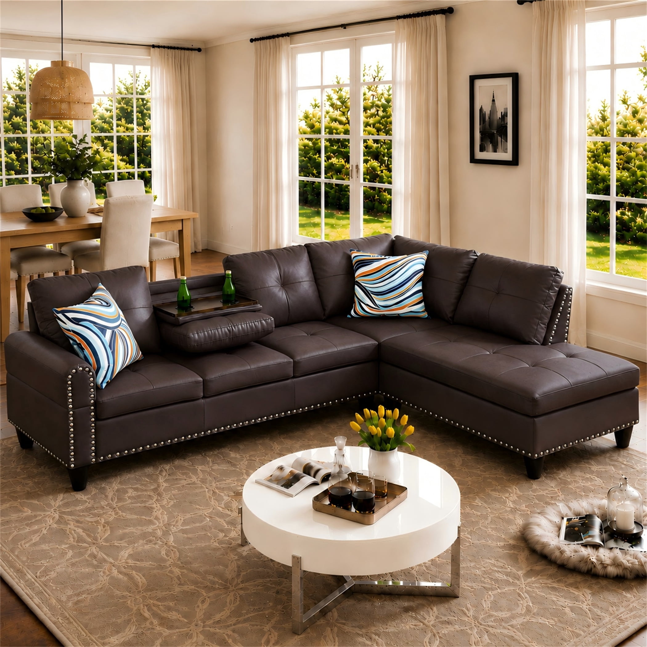 Aukfa 98" L Shaped Sectional Couch with Cup Holder Console, Tufted Back&Nailhead Trim, Oversized Right Chaise Leather Sofa for Living Room, Black