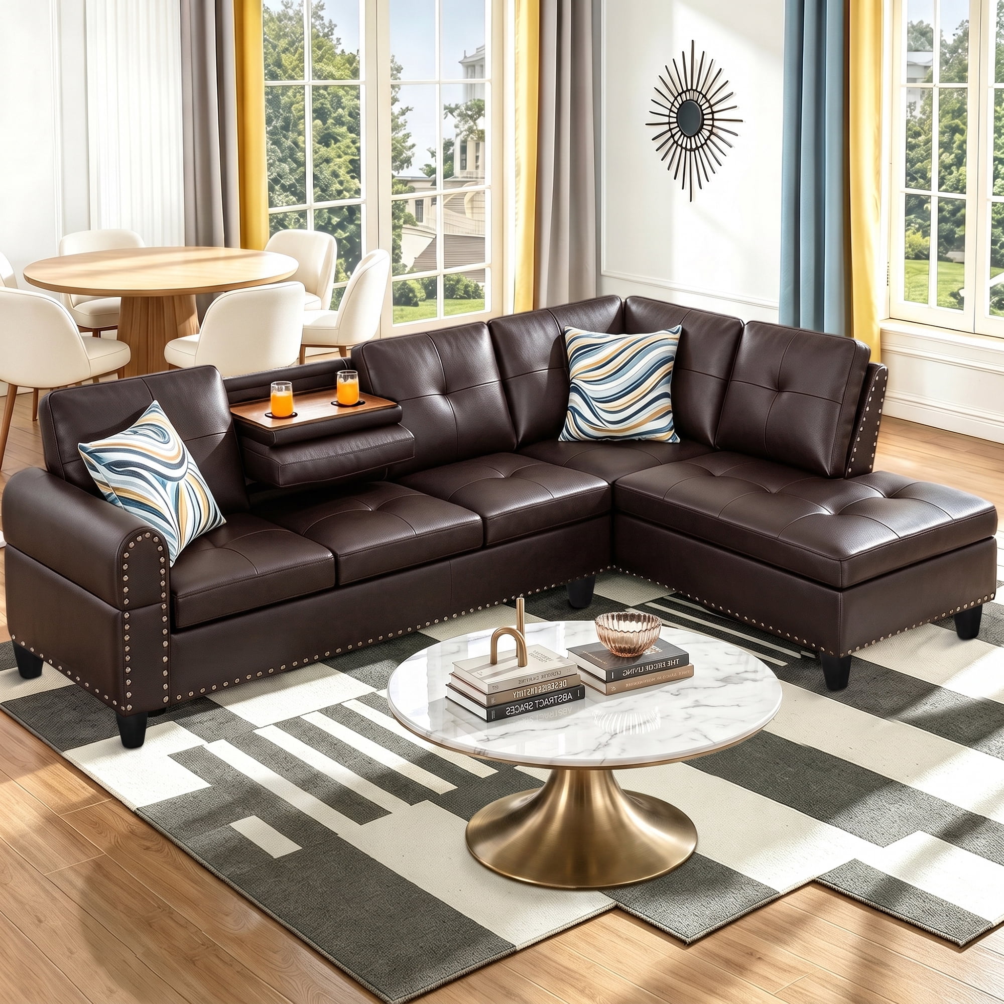 Aukfa 98" L Shaped Sectional Couch with Cup Holder Console, Tufted Back&Nailhead Trim, Oversized Right Chaise Leather Sofa for Living Room, Brown