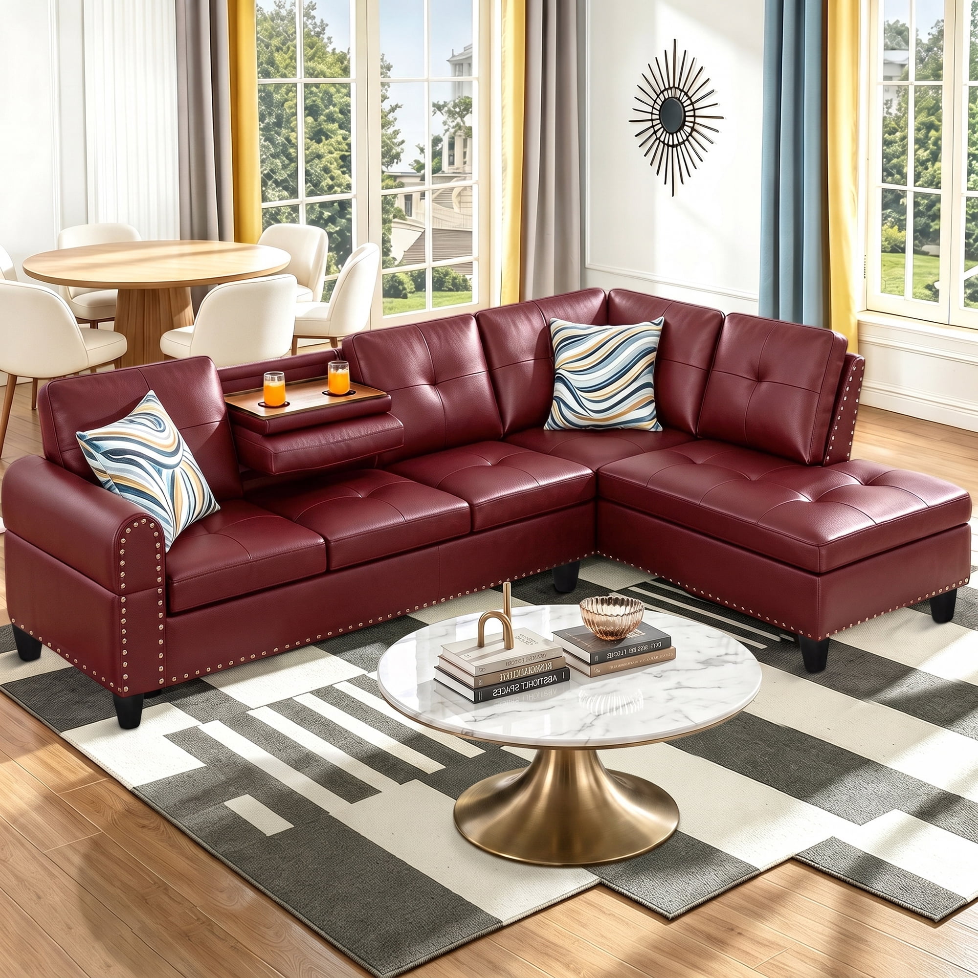 Aukfa 98" L Shaped Sectional Couch with Cup Holder Console, Tufted Back&Nailhead Trim, Oversized Right Chaise Leather Sofa for Living Room, Red