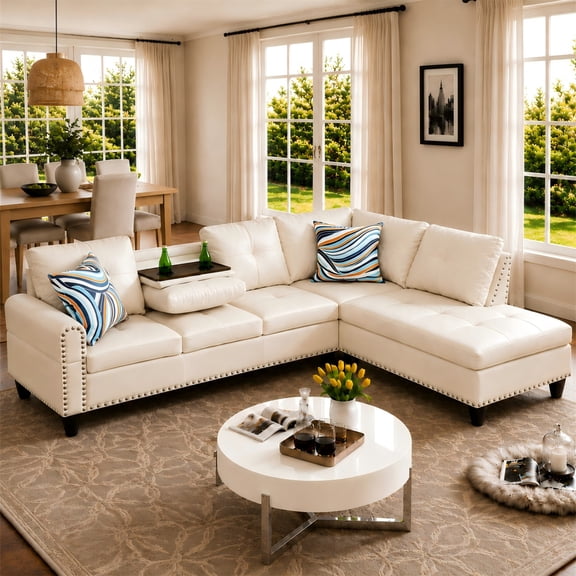 Aukfa 98" L Shaped Sectional Couch with Cup Holder Console, Tufted Back&Nailhead Trim, Oversized Right Chaise Leather Sofa for Living Room, White